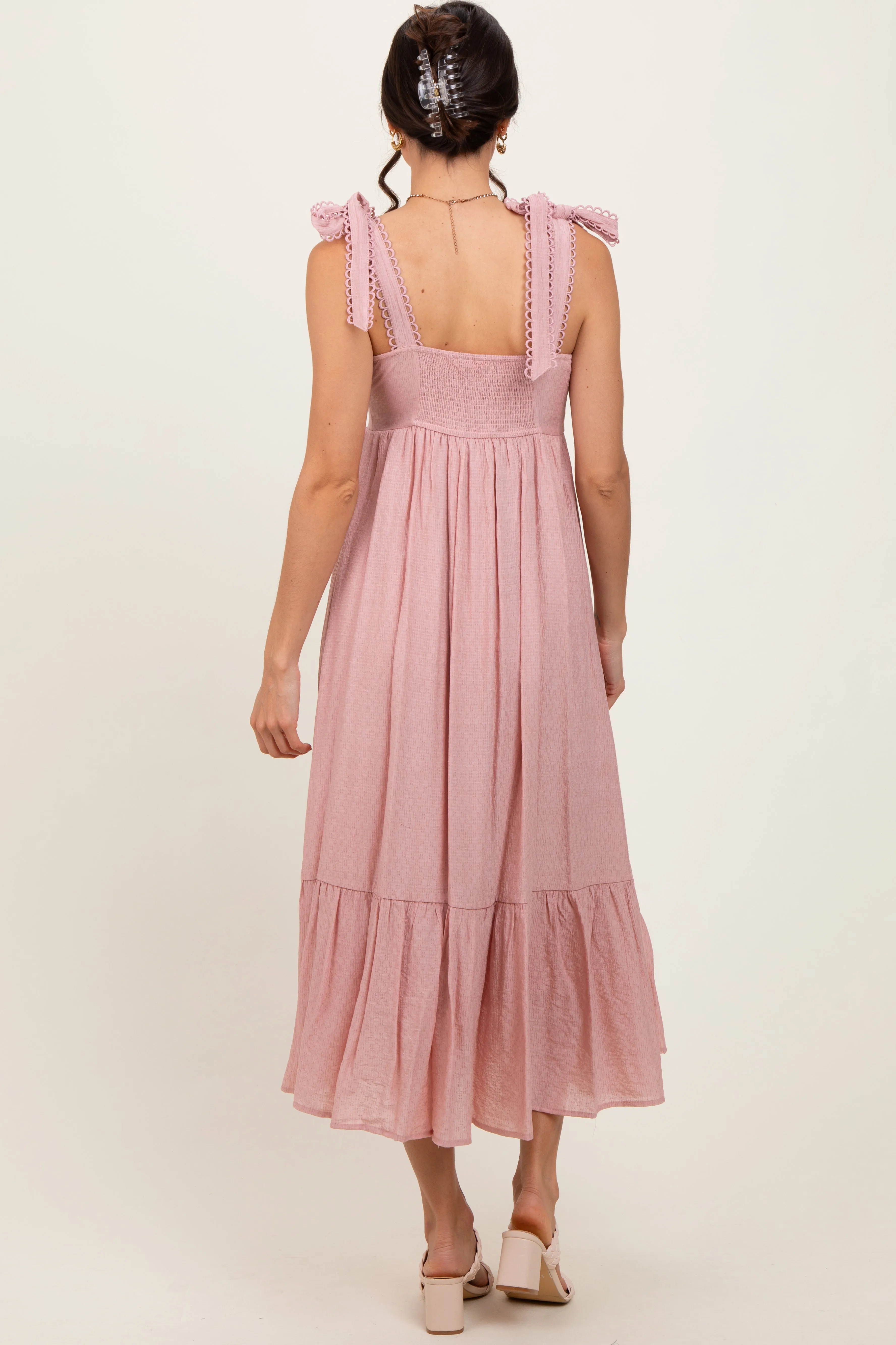 Light Pink Scallop Trim Shoulder Tie Midi Dress sold by Pinkblush product image thumbnail 4