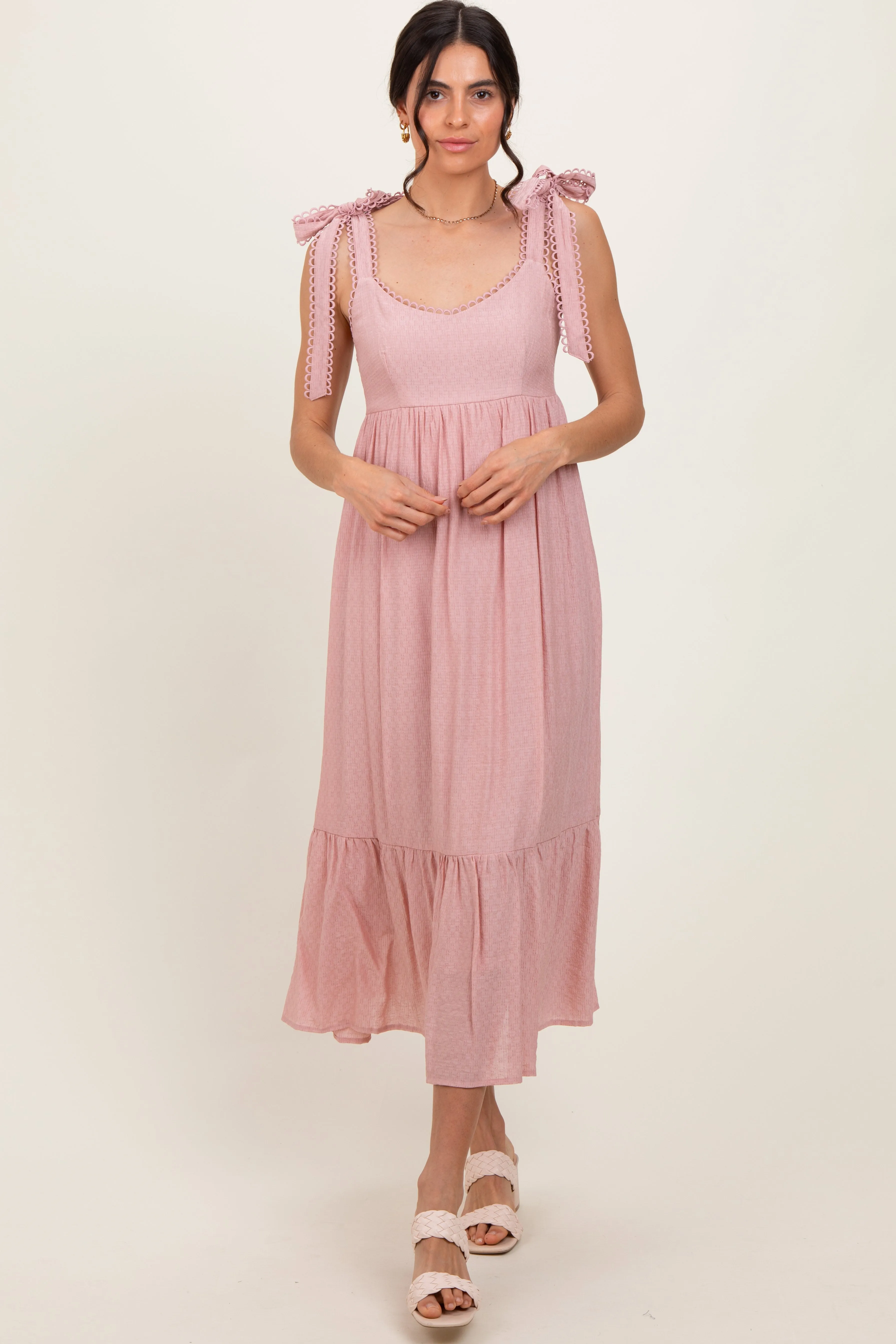 Light Pink Scallop Trim Shoulder Tie Midi Dress sold by Pinkblush product image thumbnail 2
