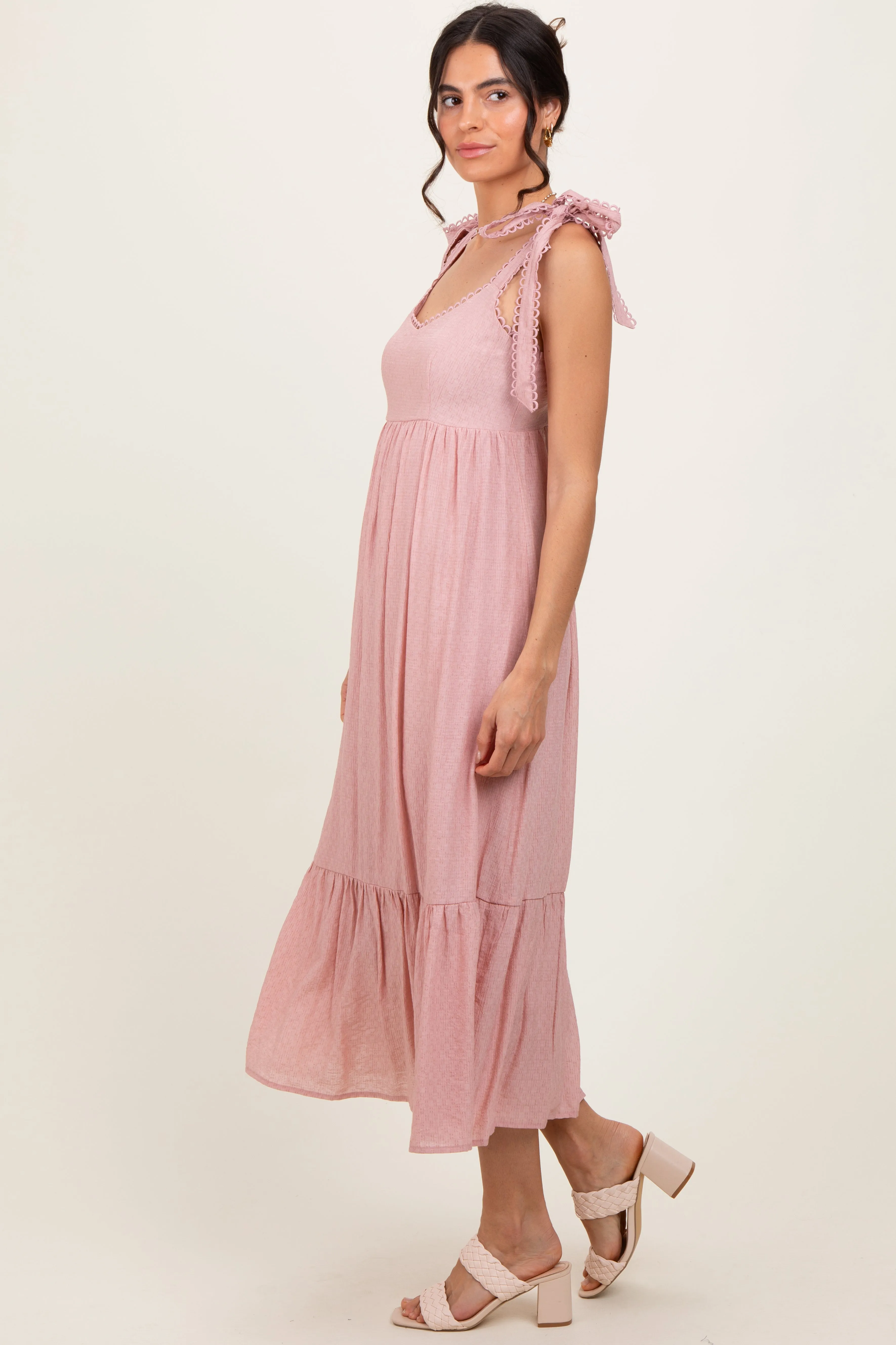 Light Pink Scallop Trim Shoulder Tie Midi Dress sold by Pinkblush product image thumbnail 3