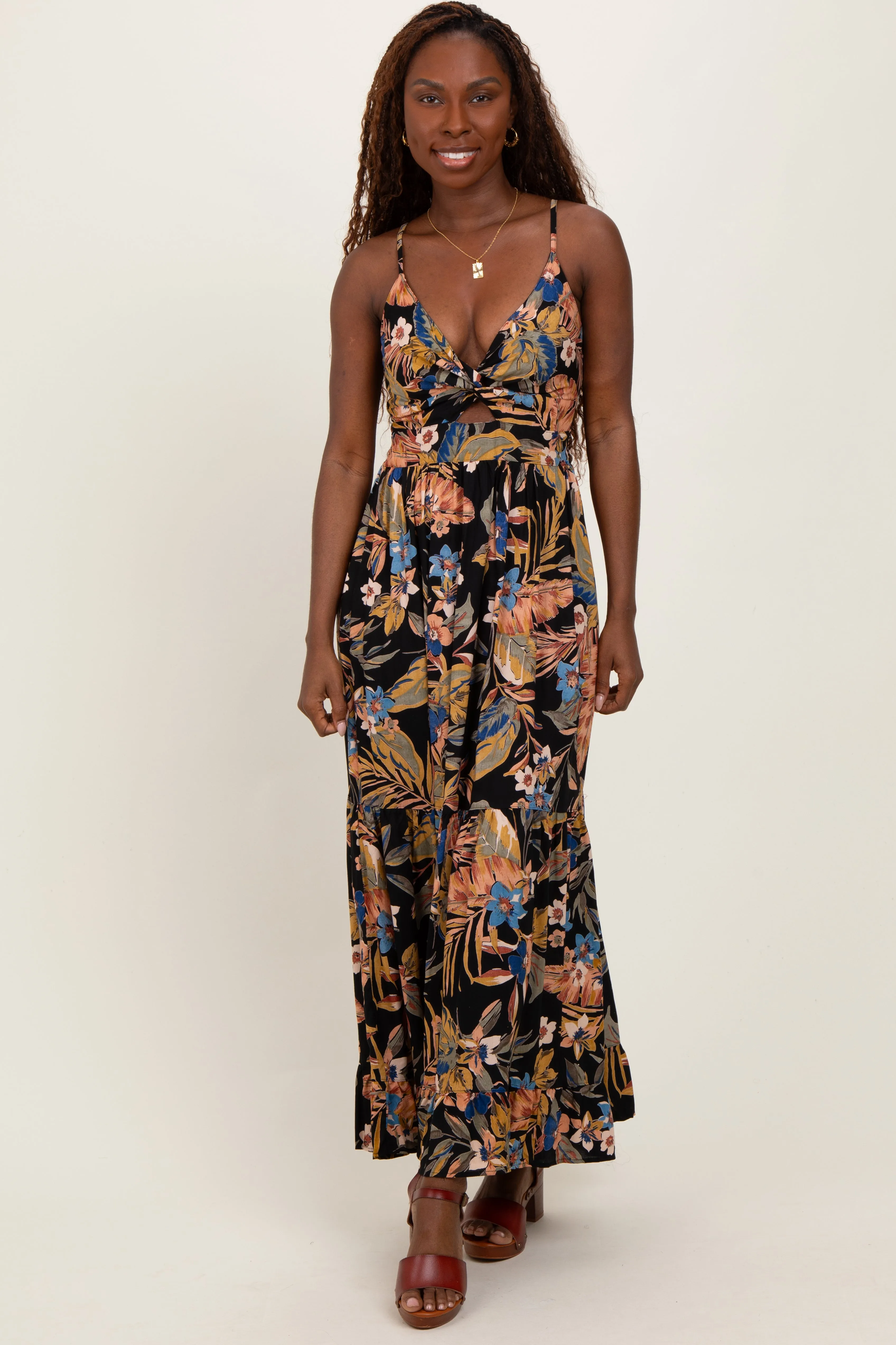 Black Tropical Print Twist Front Cutout Maxi Dress sold by Pinkblush