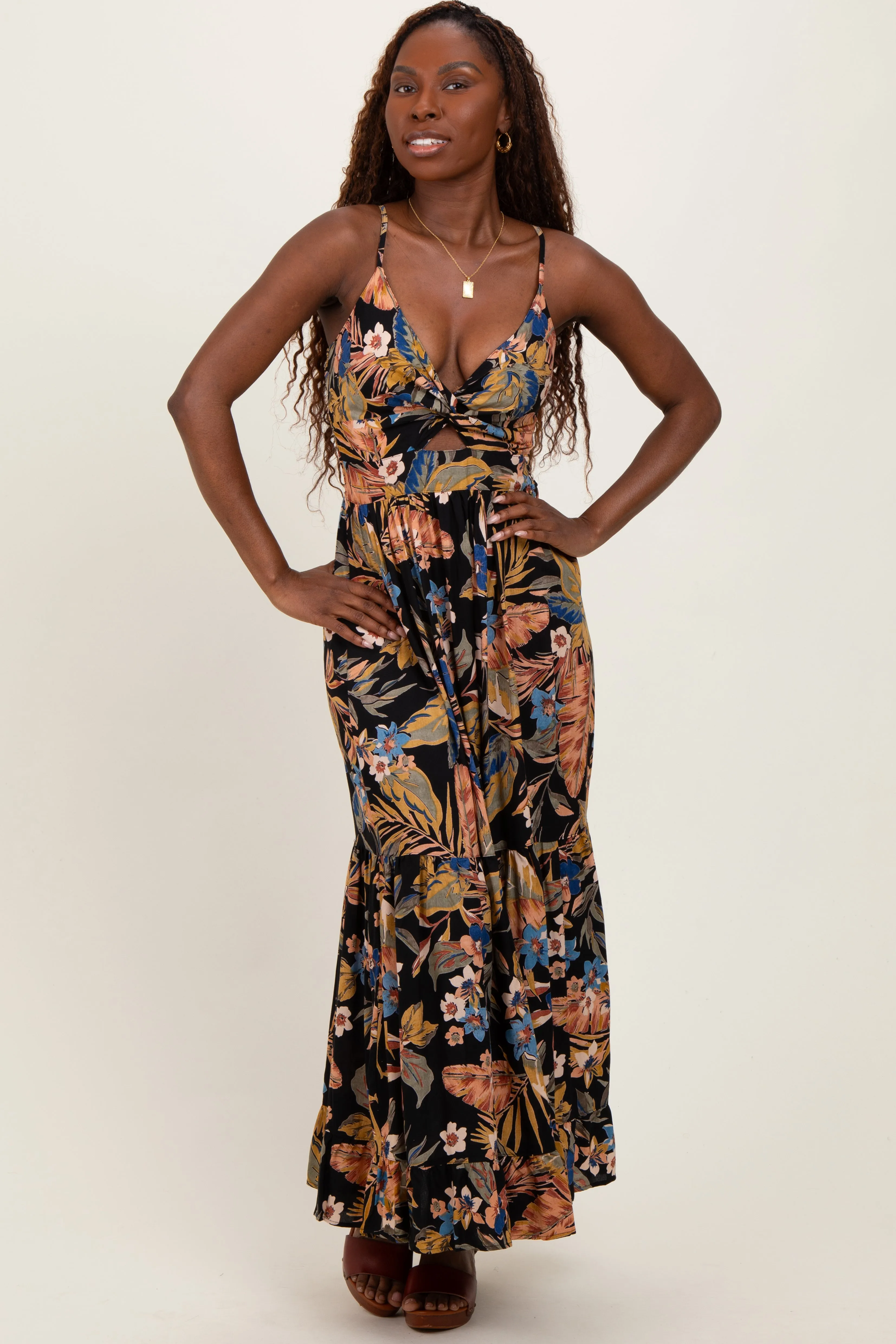 Black Tropical Print Twist Front Cutout Maxi Dress sold by Pinkblush product image thumbnail 2