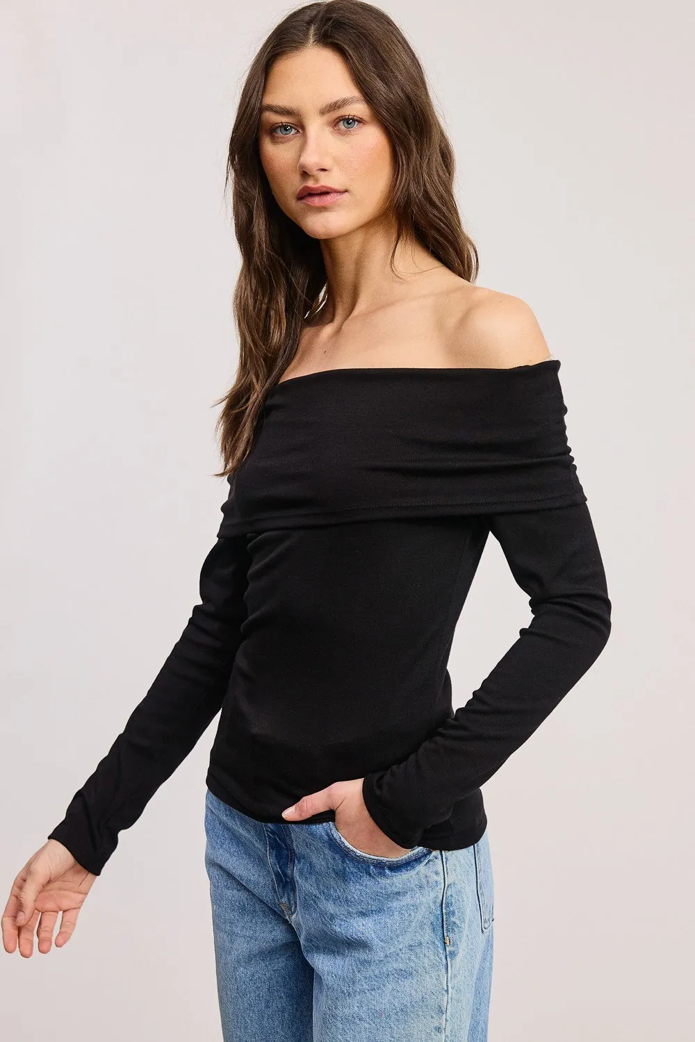 Black Off Shoulder Foldover Long Sleeve Top sold by Pinkblush product image thumbnail 3