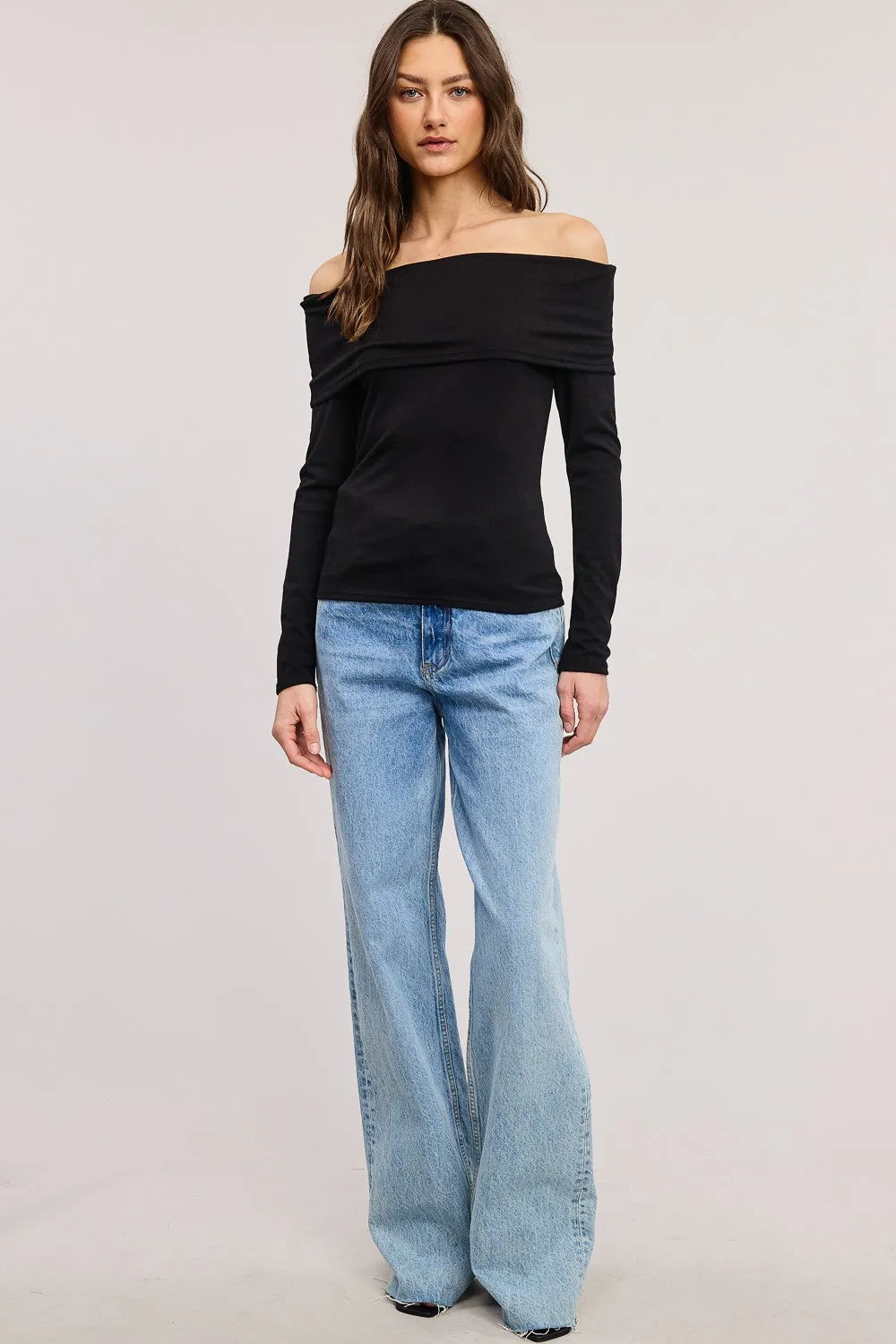 Black Off Shoulder Foldover Long Sleeve Top sold by Pinkblush product image thumbnail 4