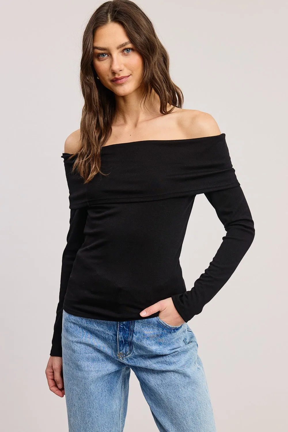 Black Off Shoulder Foldover Long Sleeve Top sold by Pinkblush