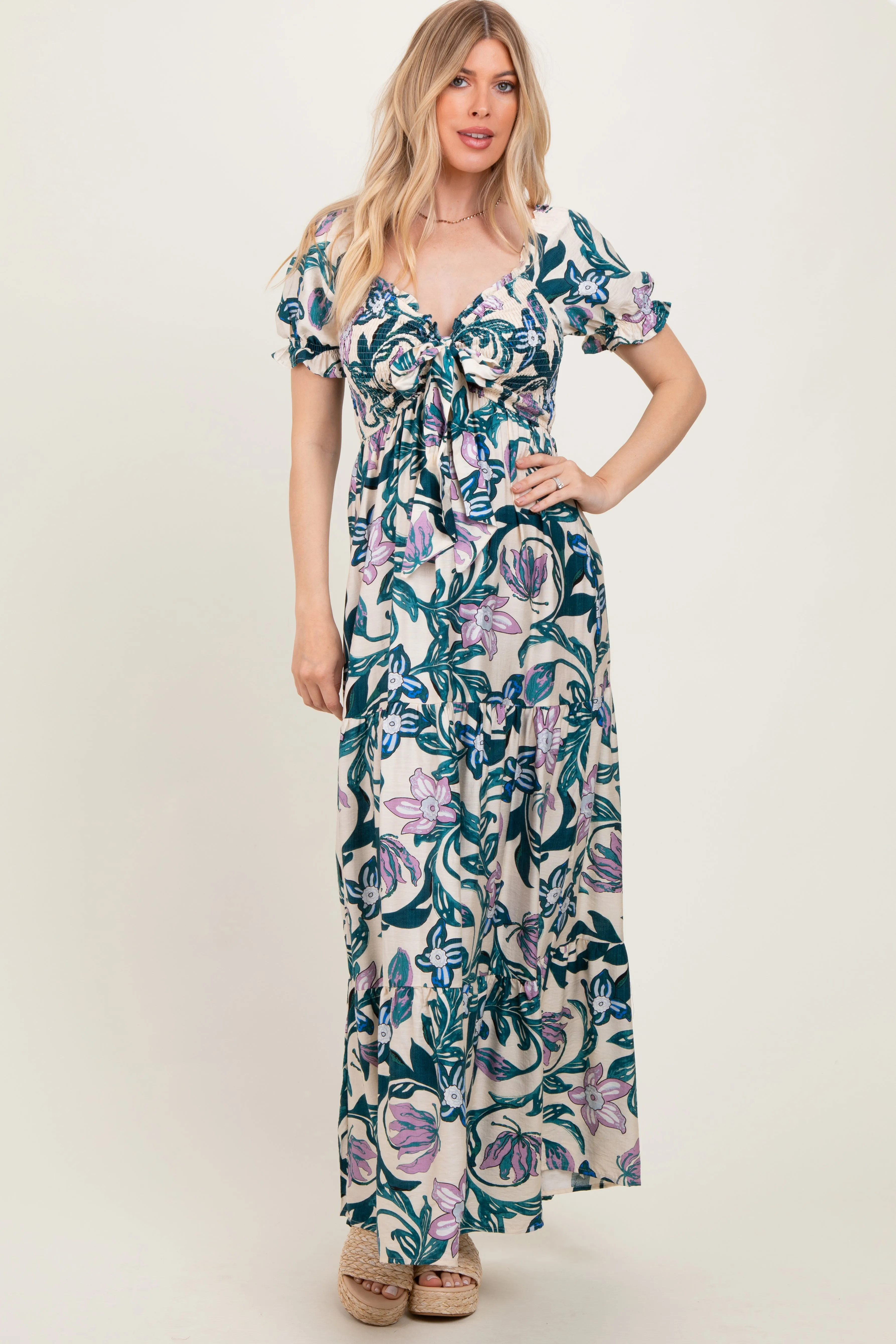 Teal Floral Smocked Front Tie Maxi Dress sold by Pinkblush product image thumbnail 2
