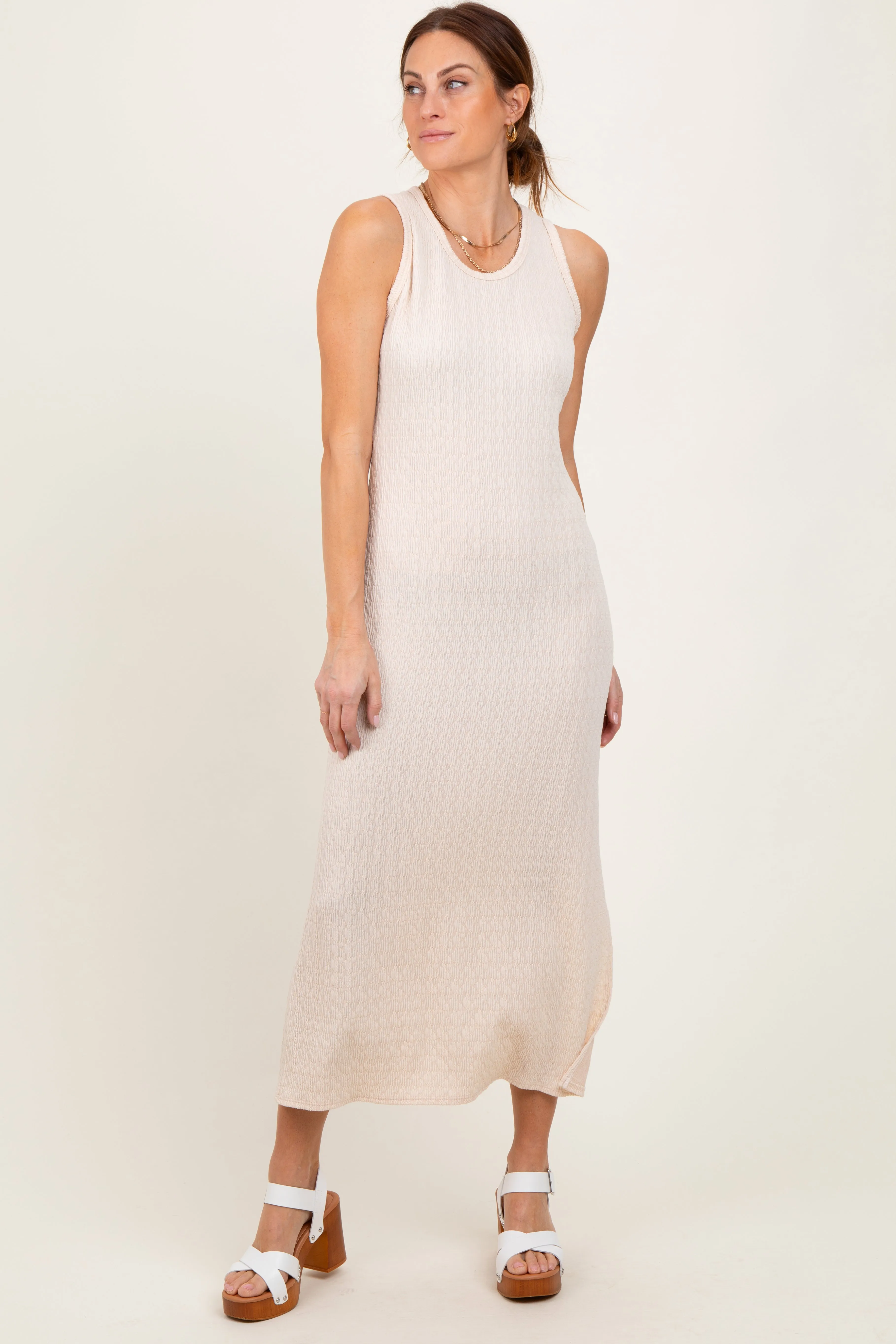 Cream Jacquard Sleeveless Side Slit Midi Dress sold by Pinkblush