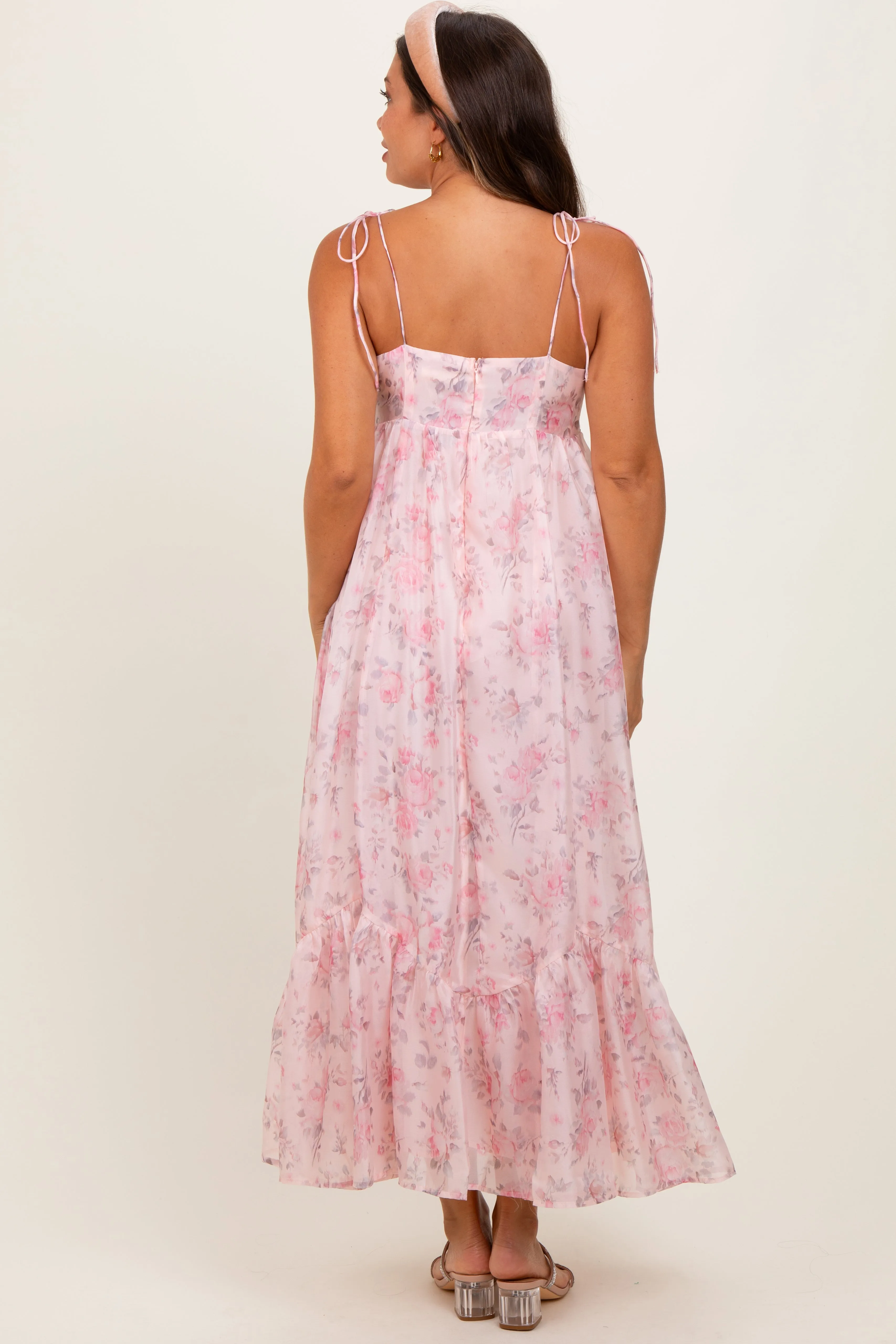Pink Floral Satin Ruffle Hem Maternity Maxi Dress sold by Pinkblush product image thumbnail 4