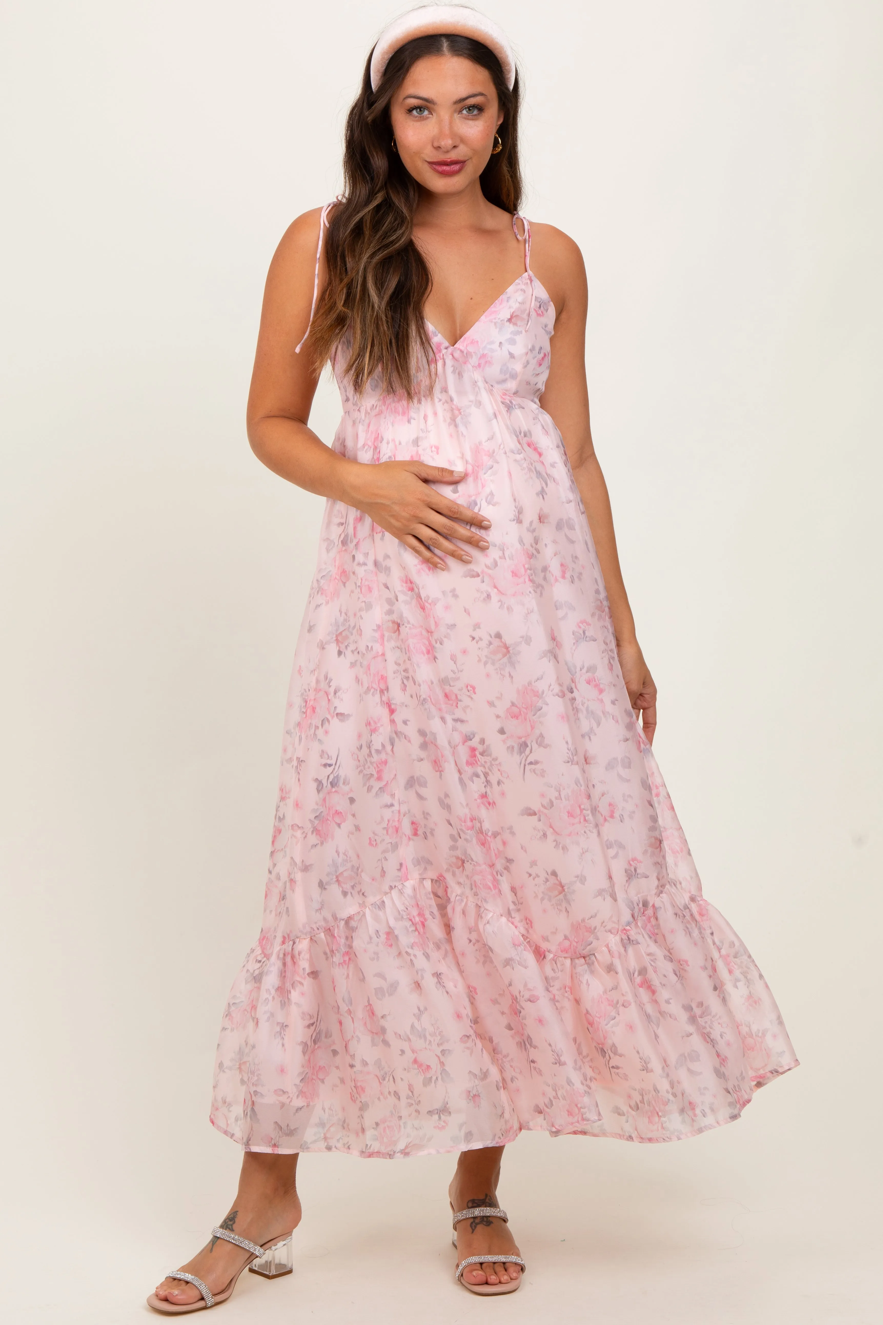 Pink Floral Satin Ruffle Hem Maternity Maxi Dress sold by Pinkblush