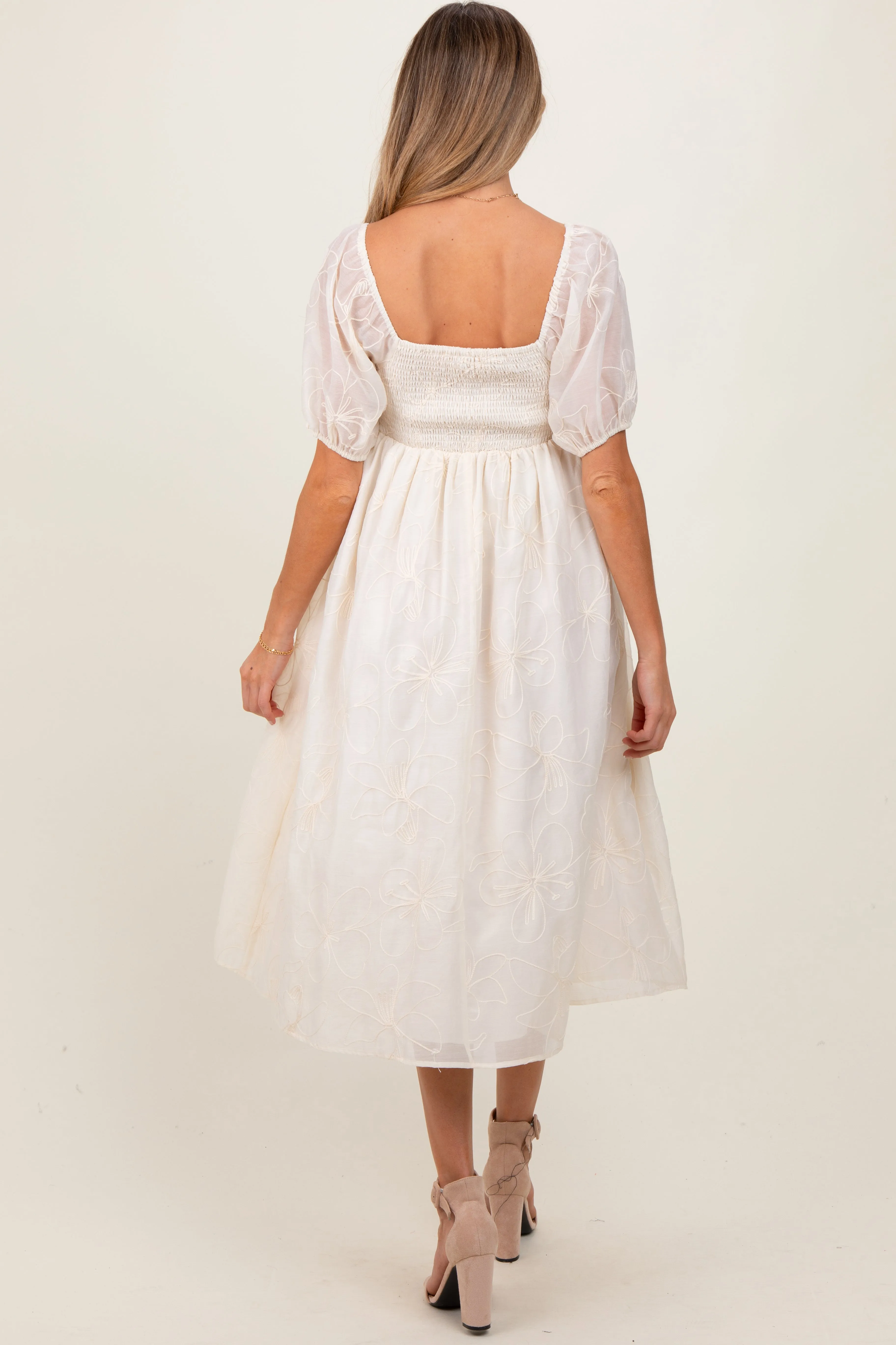 Cream Embroidered Floral Puff Sleeve Maternity Midi Dress sold by Pinkblush product image thumbnail 4