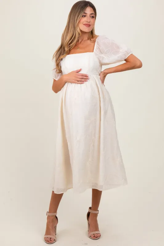 Cream Embroidered Floral Puff Sleeve Maternity Midi Dress sold by Pinkblush