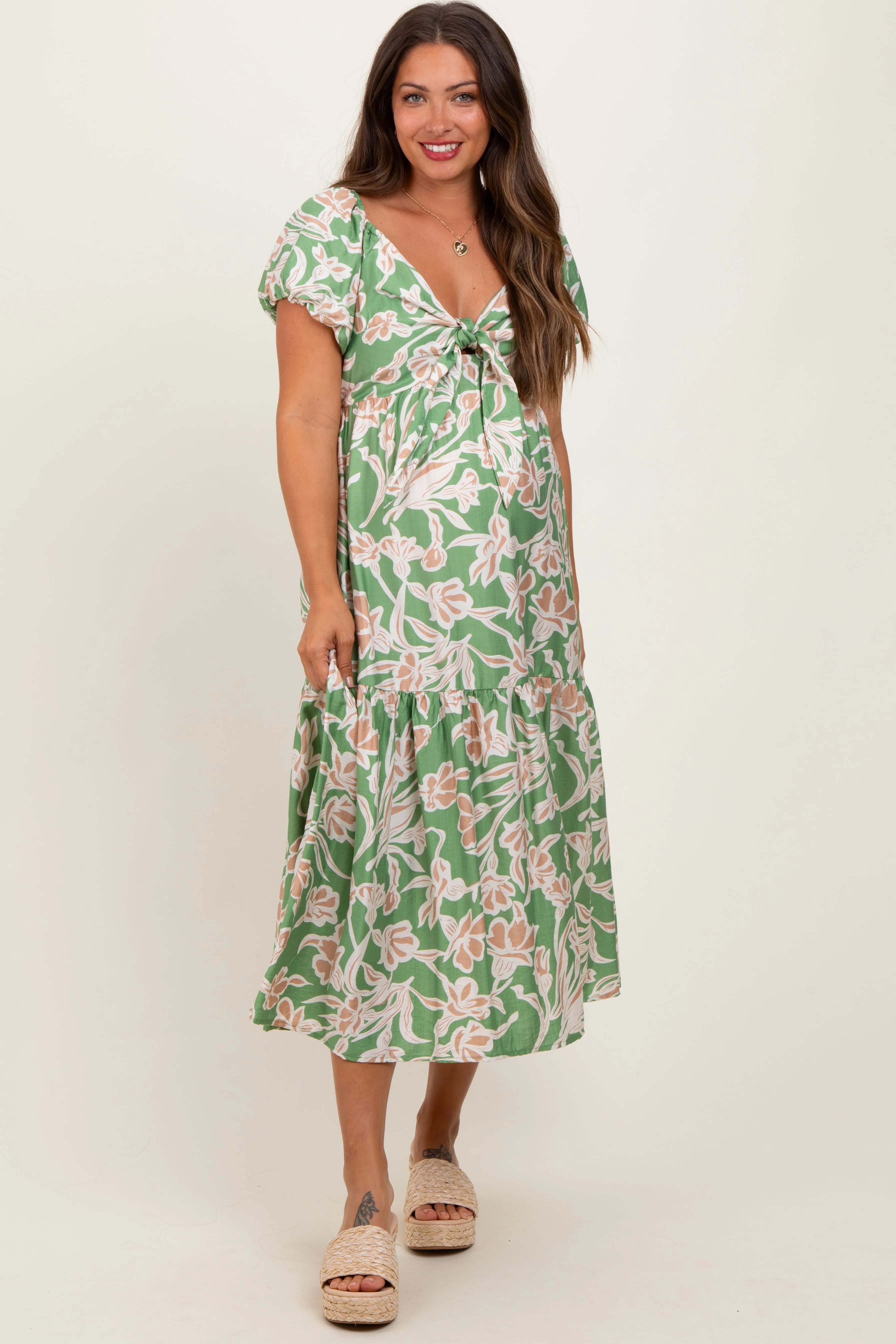 Green Floral Front Tie Maternity Midi Dress sold by Pinkblush product image thumbnail 2