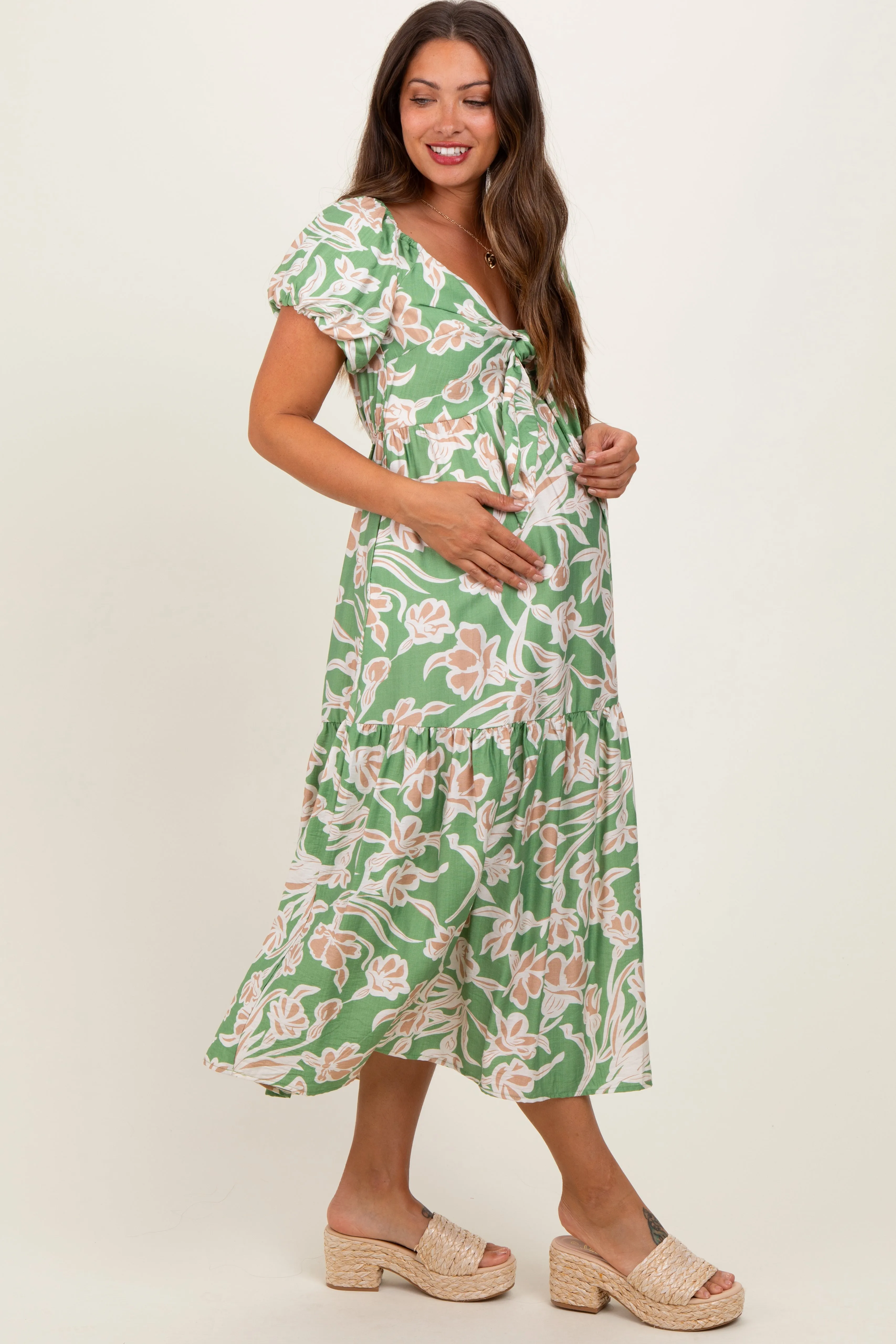 Green Floral Front Tie Maternity Midi Dress sold by Pinkblush product image thumbnail 3
