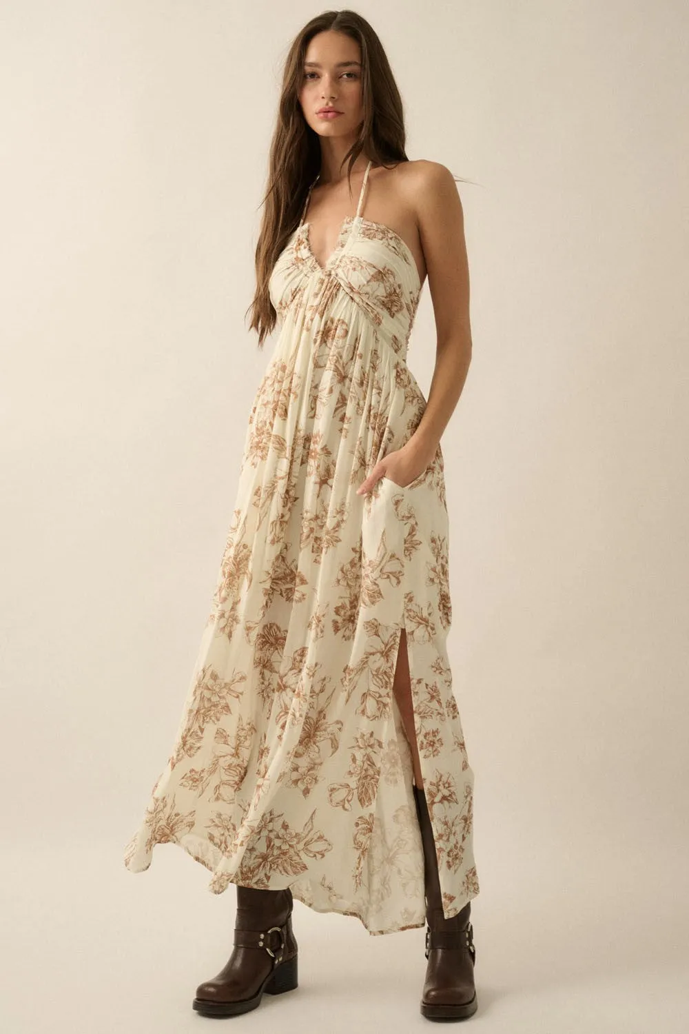 Taupe Floral Tie-Back Halter Maxi Dress sold by Pinkblush