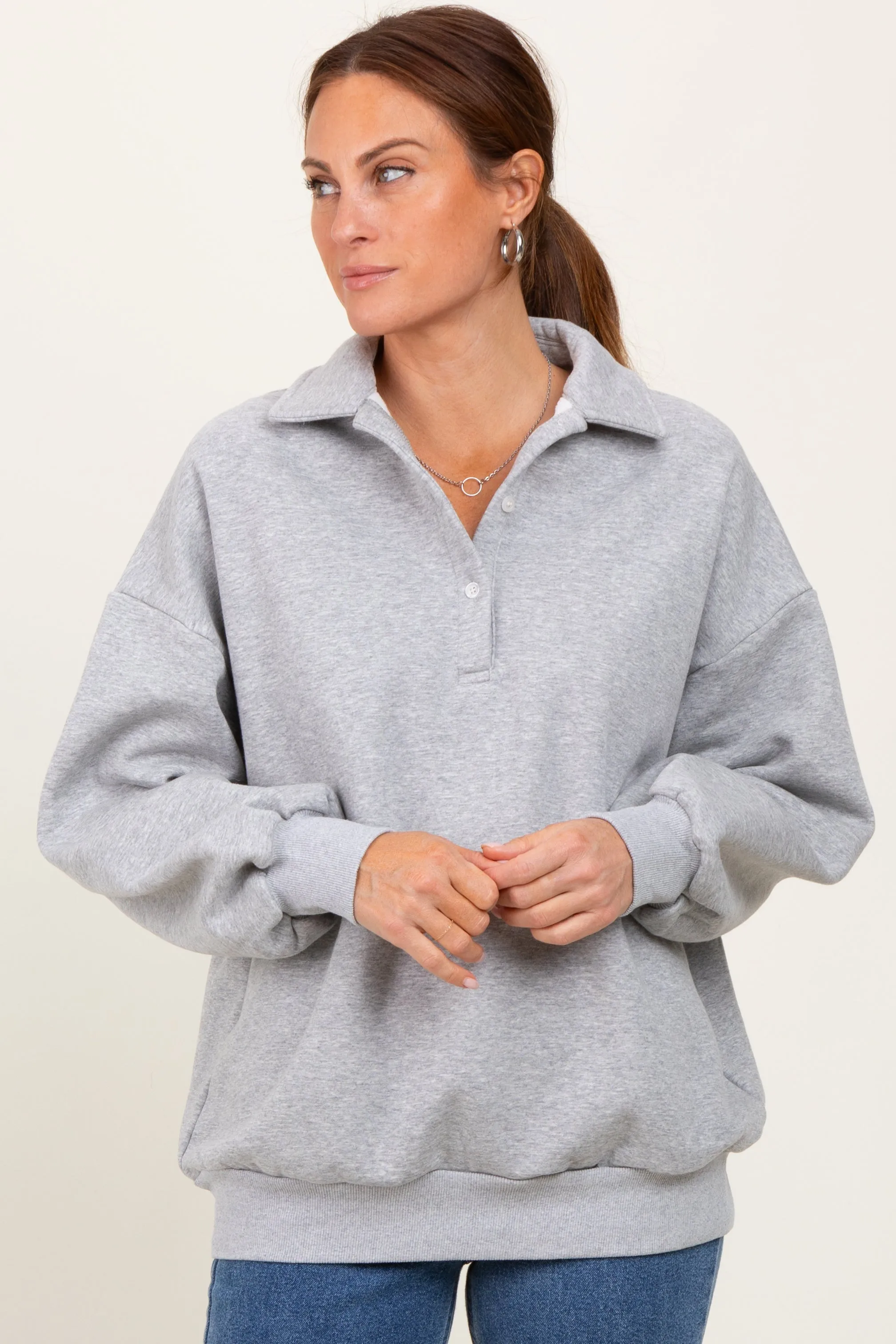 Heather Grey Oversized Long Sleeve Polo Pullover sold by Pinkblush product image thumbnail 2