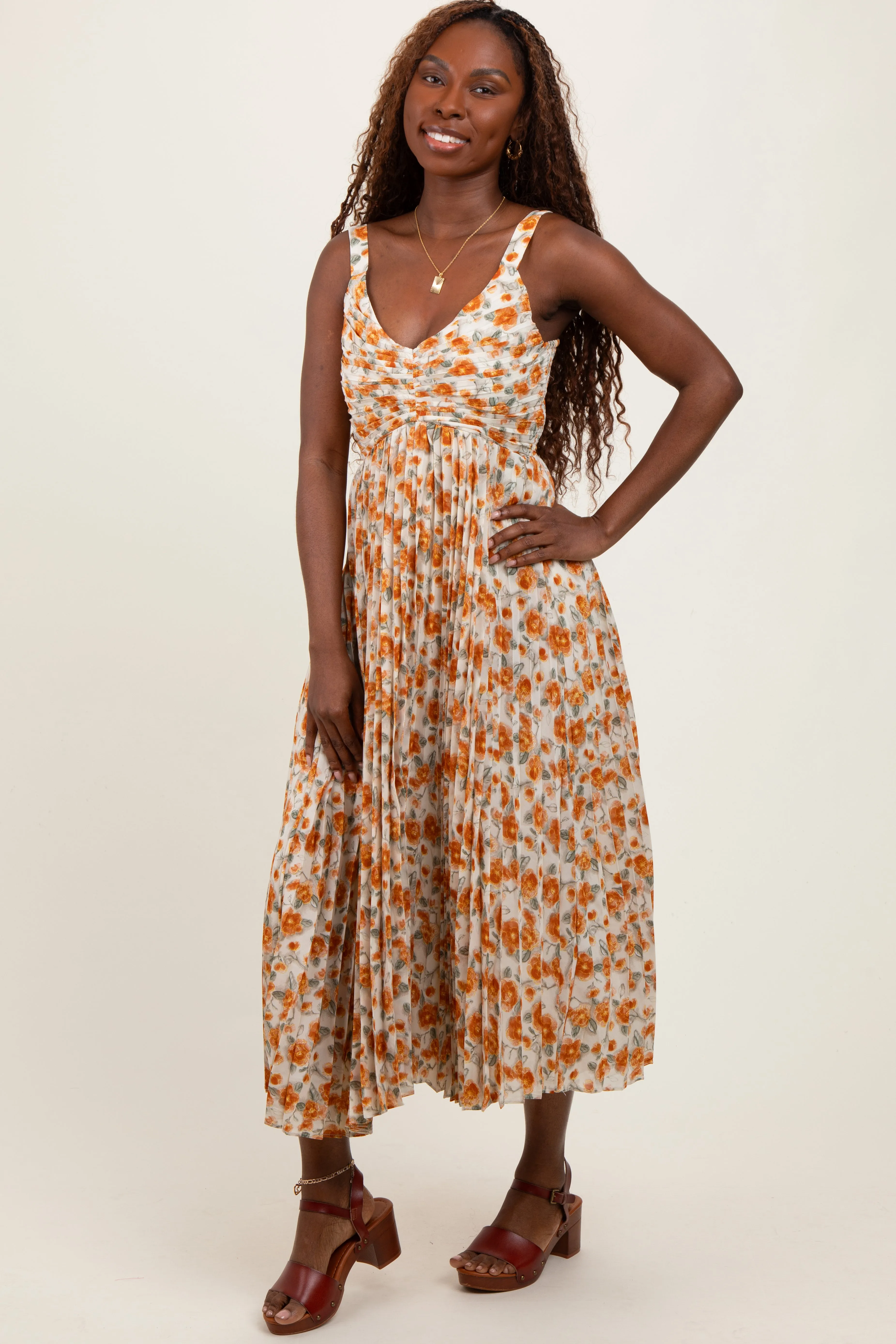 Peach Floral Pleated Midi Dress sold by Pinkblush product image thumbnail 2