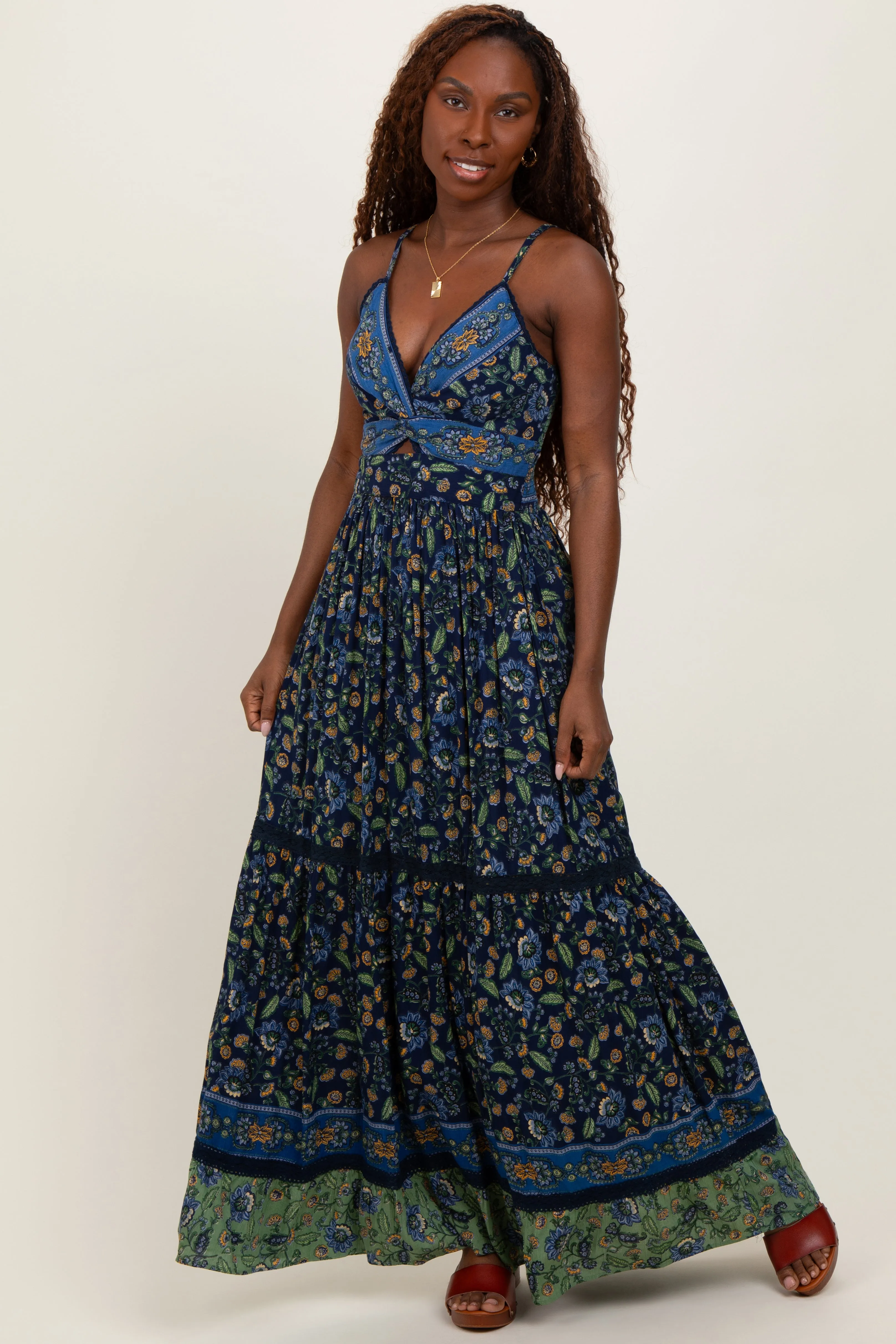 Navy Floral Twist Front Cutout Maxi Dress sold by Pinkblush product image thumbnail 2
