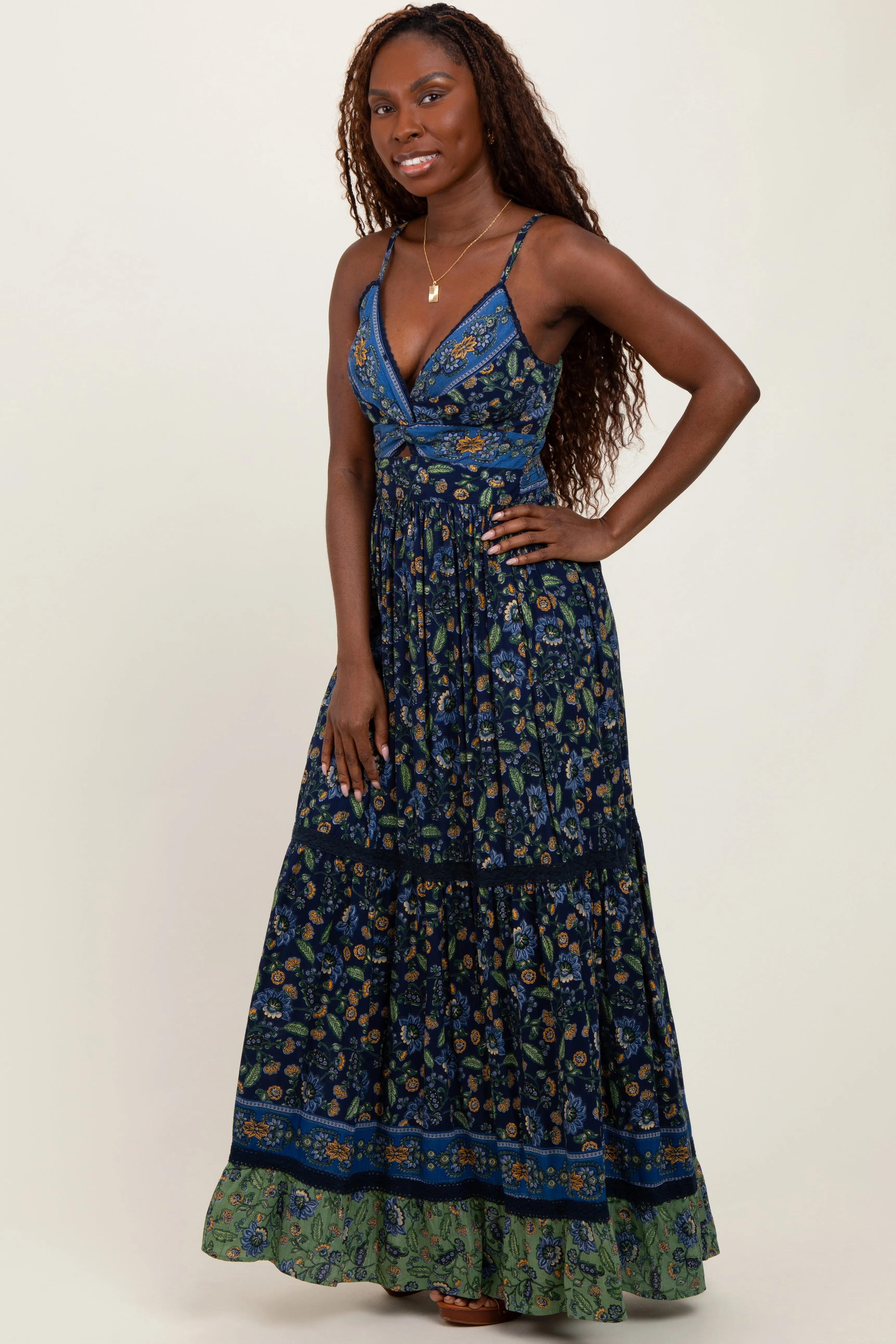 Navy Floral Twist Front Cutout Maxi Dress sold by Pinkblush product image thumbnail 3