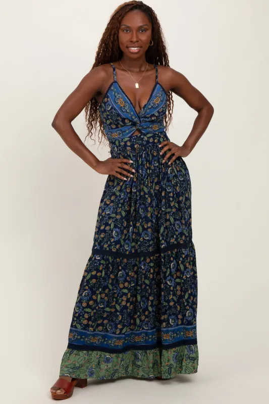 Navy Floral Twist Front Cutout Maxi Dress sold by Pinkblush