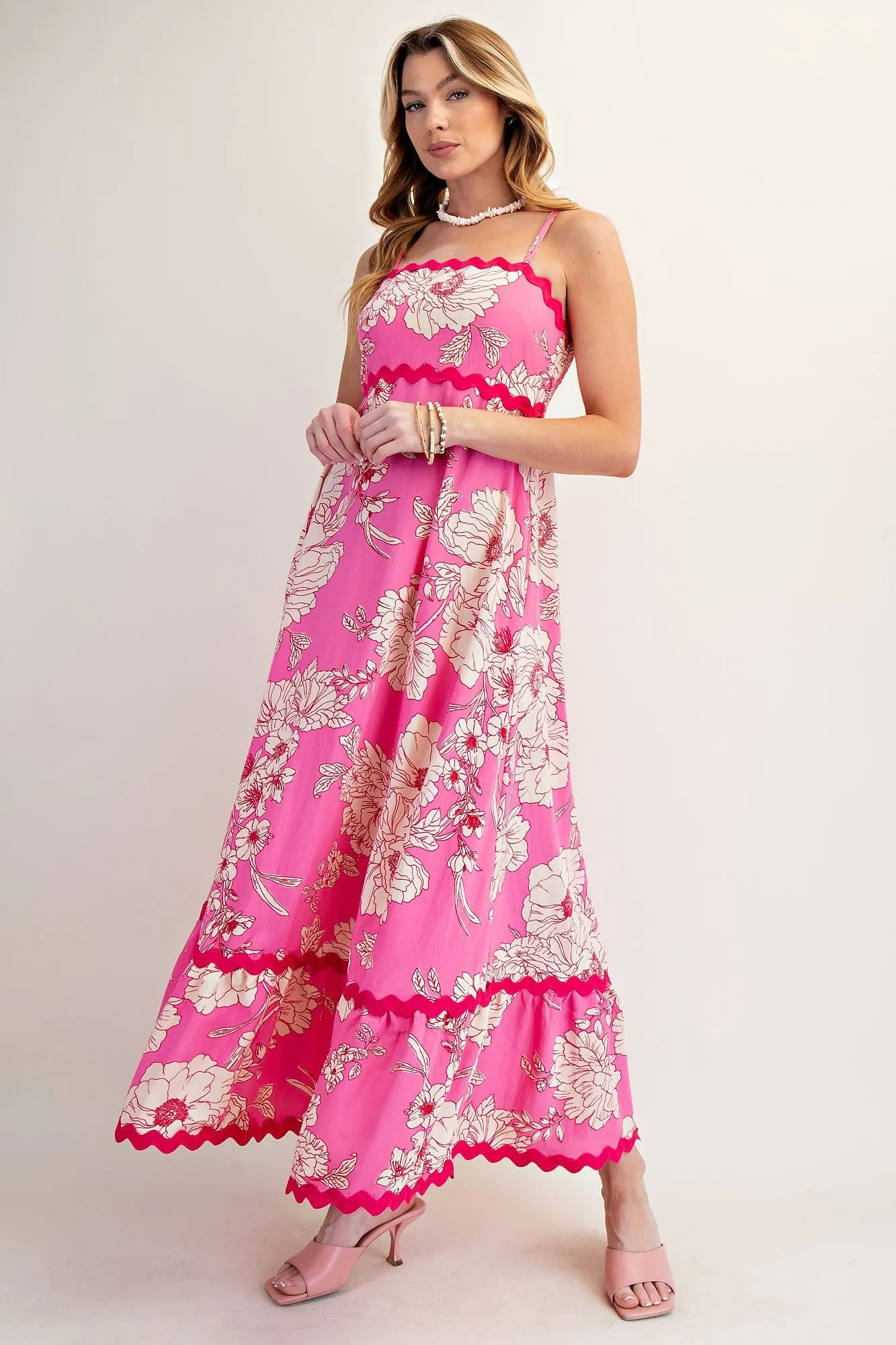 Fuchsia Floral Wavy Trim Maxi Dress sold by Pinkblush