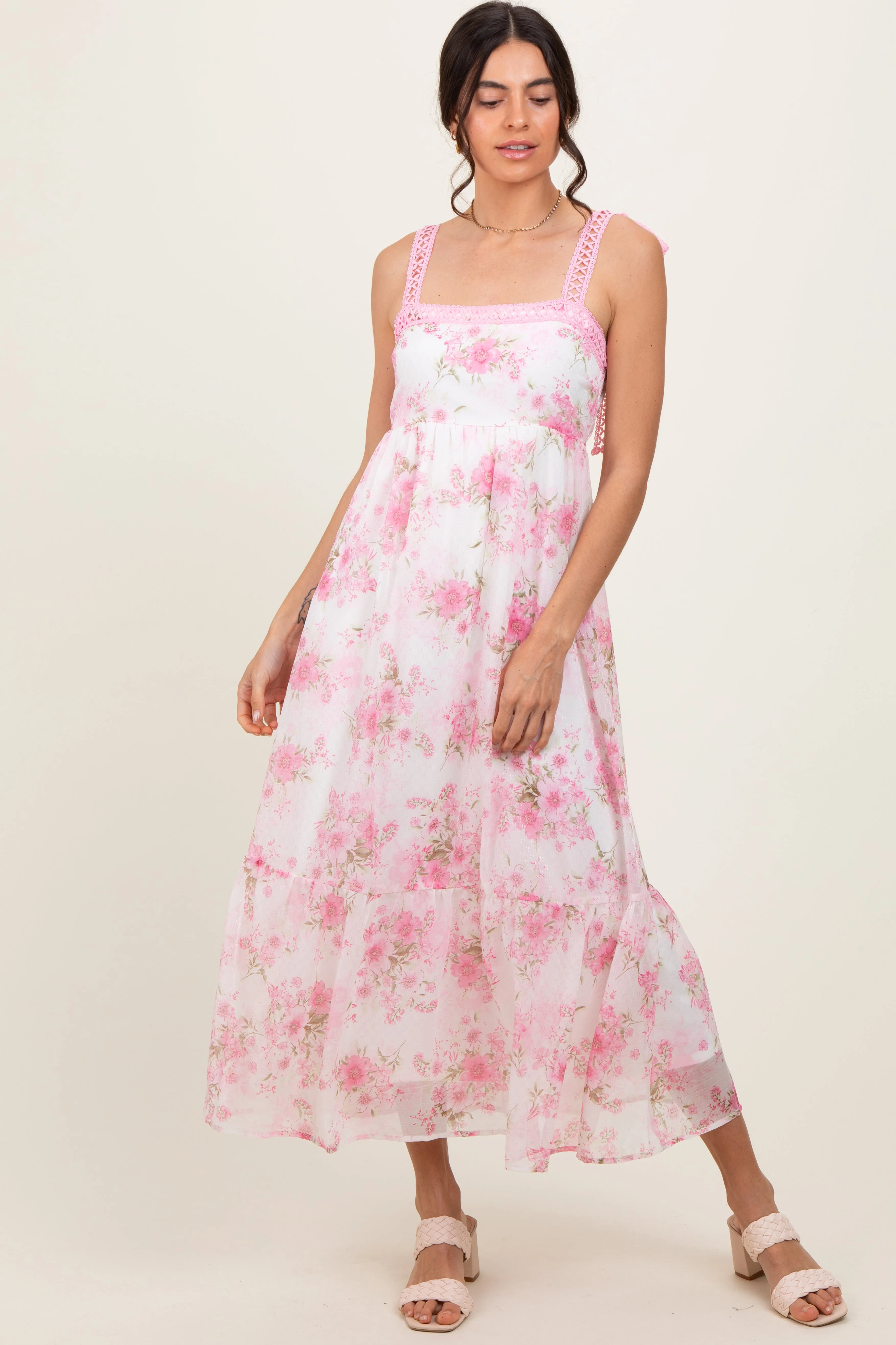Pink Floral Chiffon Overlay Lace Shoulder Tie Midi Dress sold by Pinkblush product image thumbnail 2