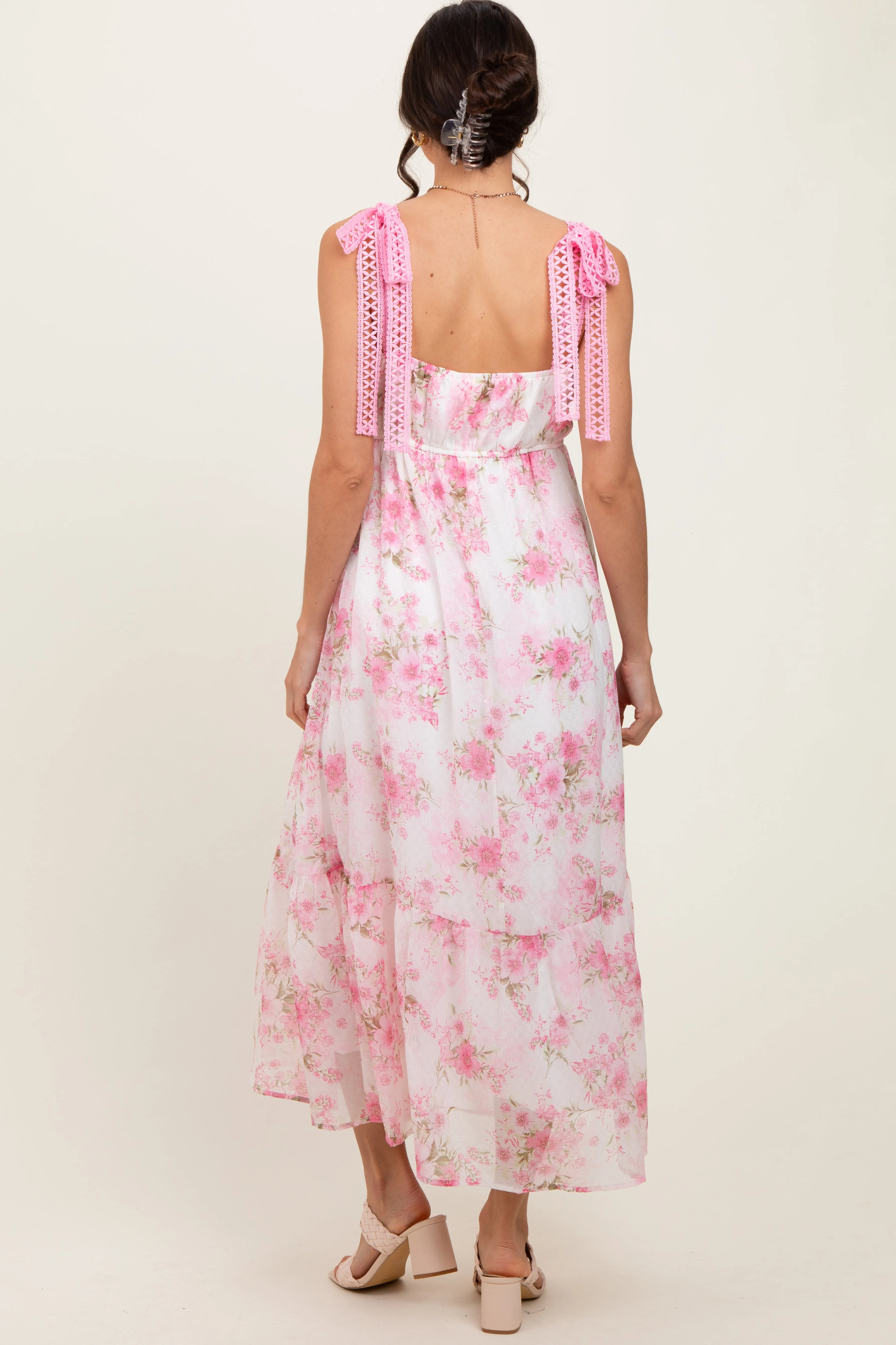 Pink Floral Chiffon Overlay Lace Shoulder Tie Midi Dress sold by Pinkblush product image thumbnail 4