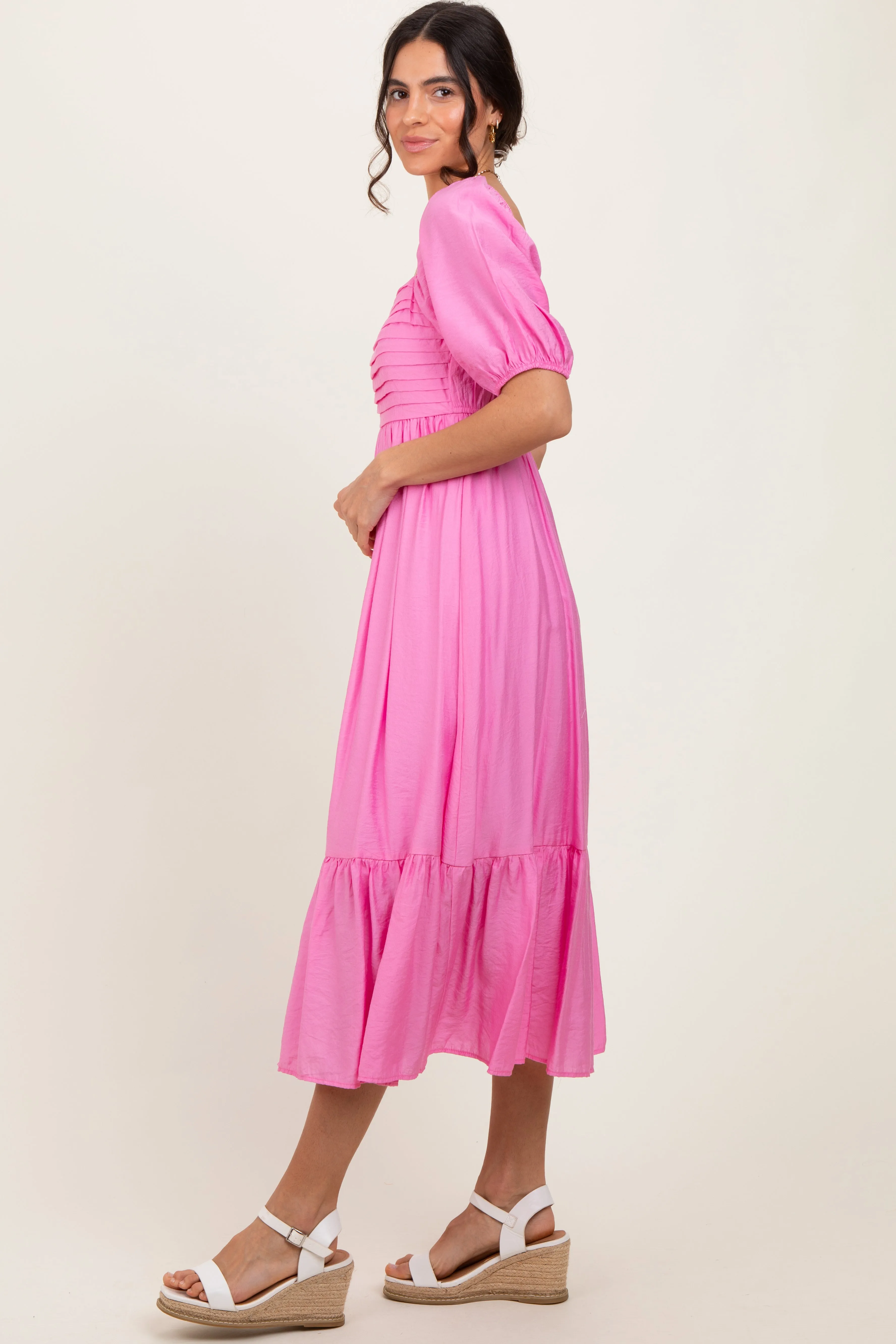Pink Pleated Bodice Puff Sleeve Midi Dress sold by Pinkblush product image thumbnail 2