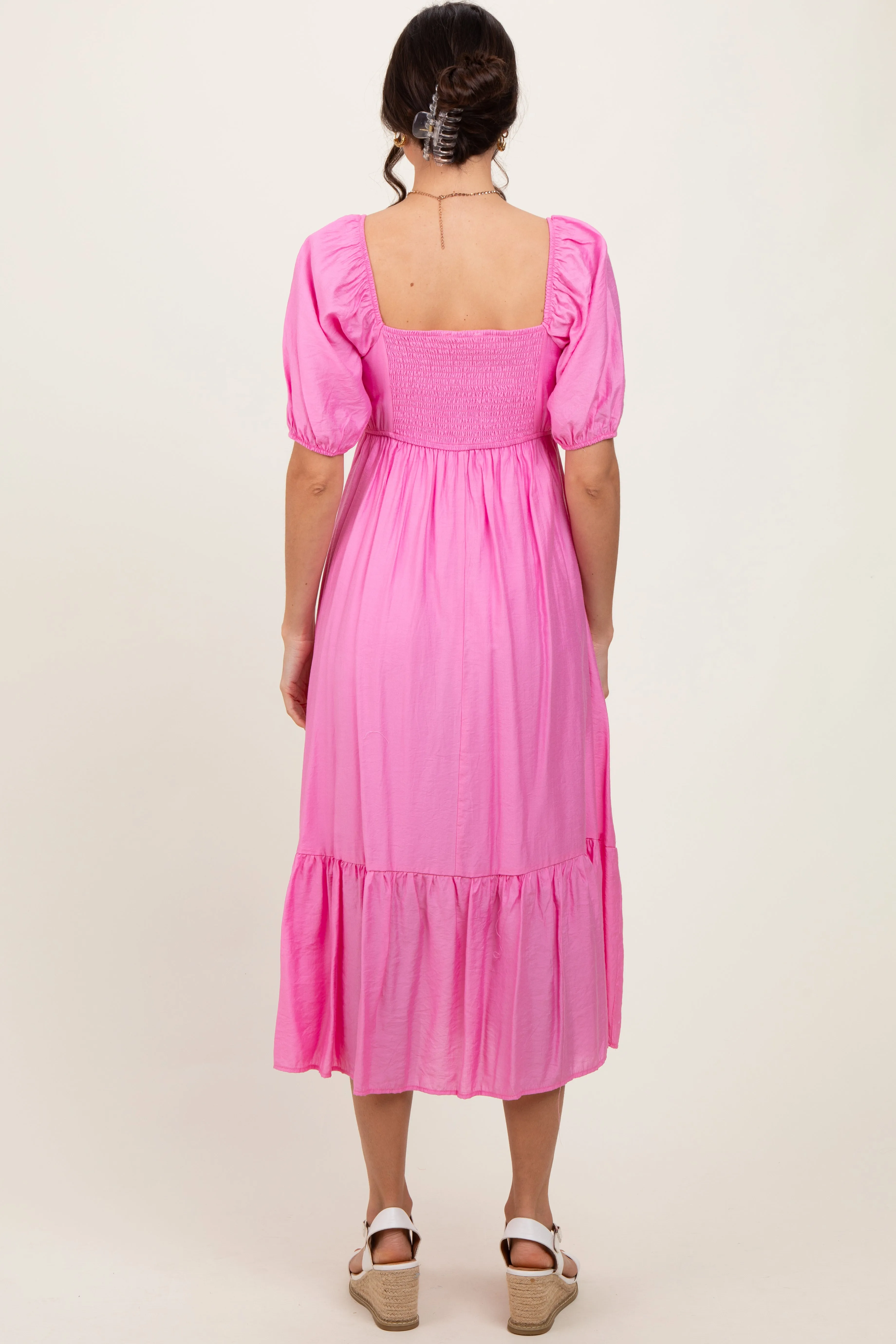 Pink Pleated Bodice Puff Sleeve Midi Dress sold by Pinkblush product image thumbnail 3
