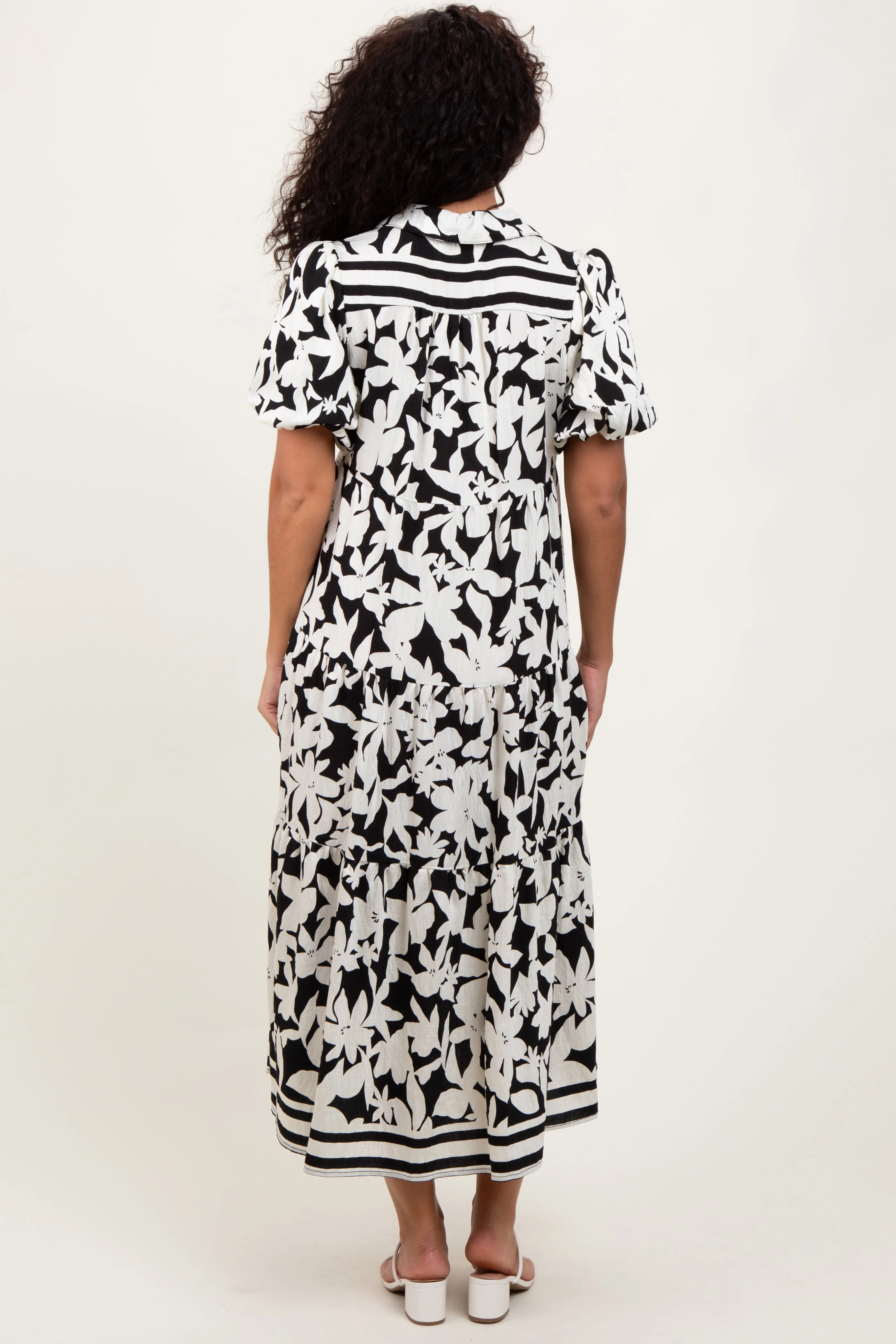 Black Botanical Print A Line Tiered Dress sold by Pinkblush product image thumbnail 4