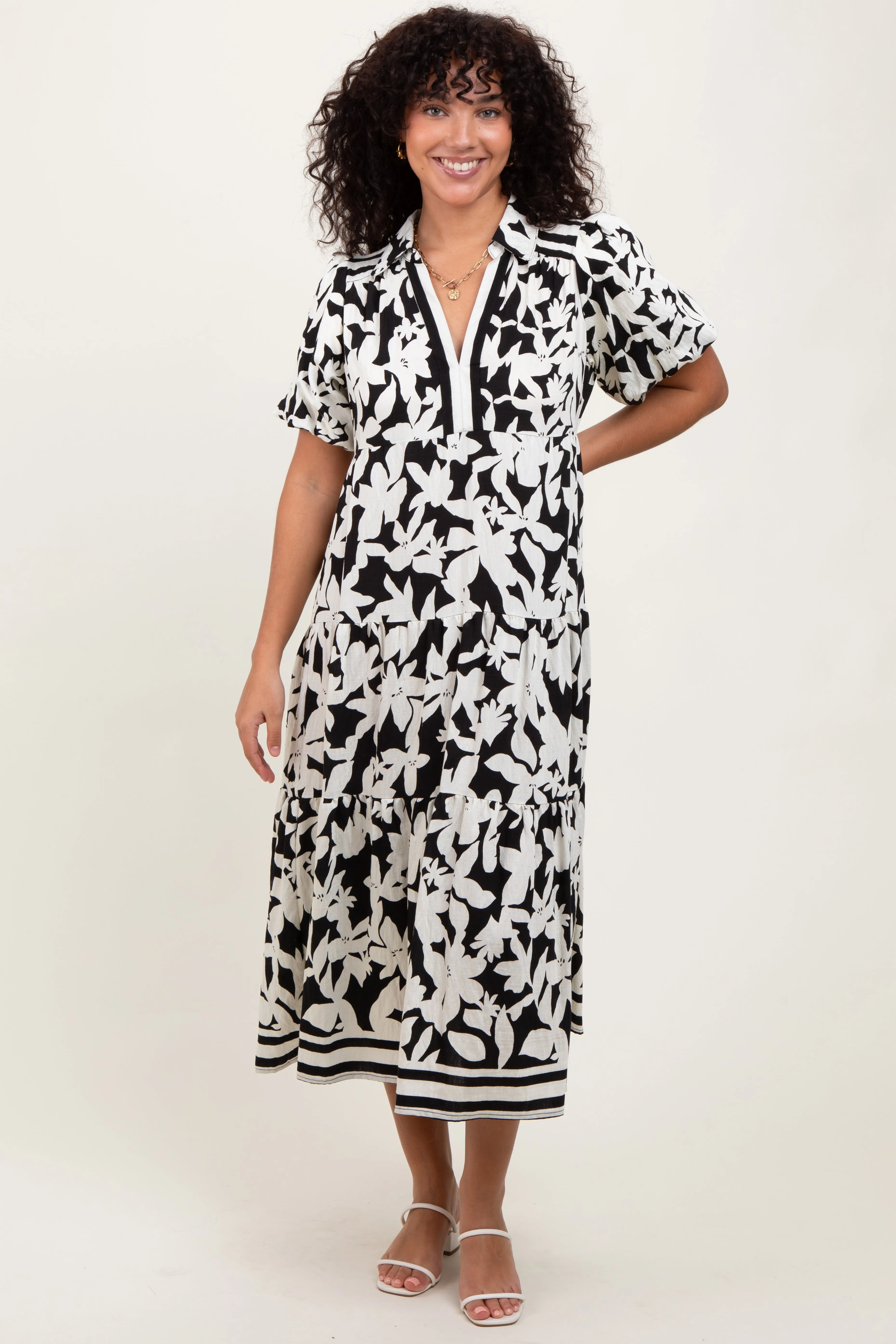 Black Botanical Print A Line Tiered Dress sold by Pinkblush product image thumbnail 2