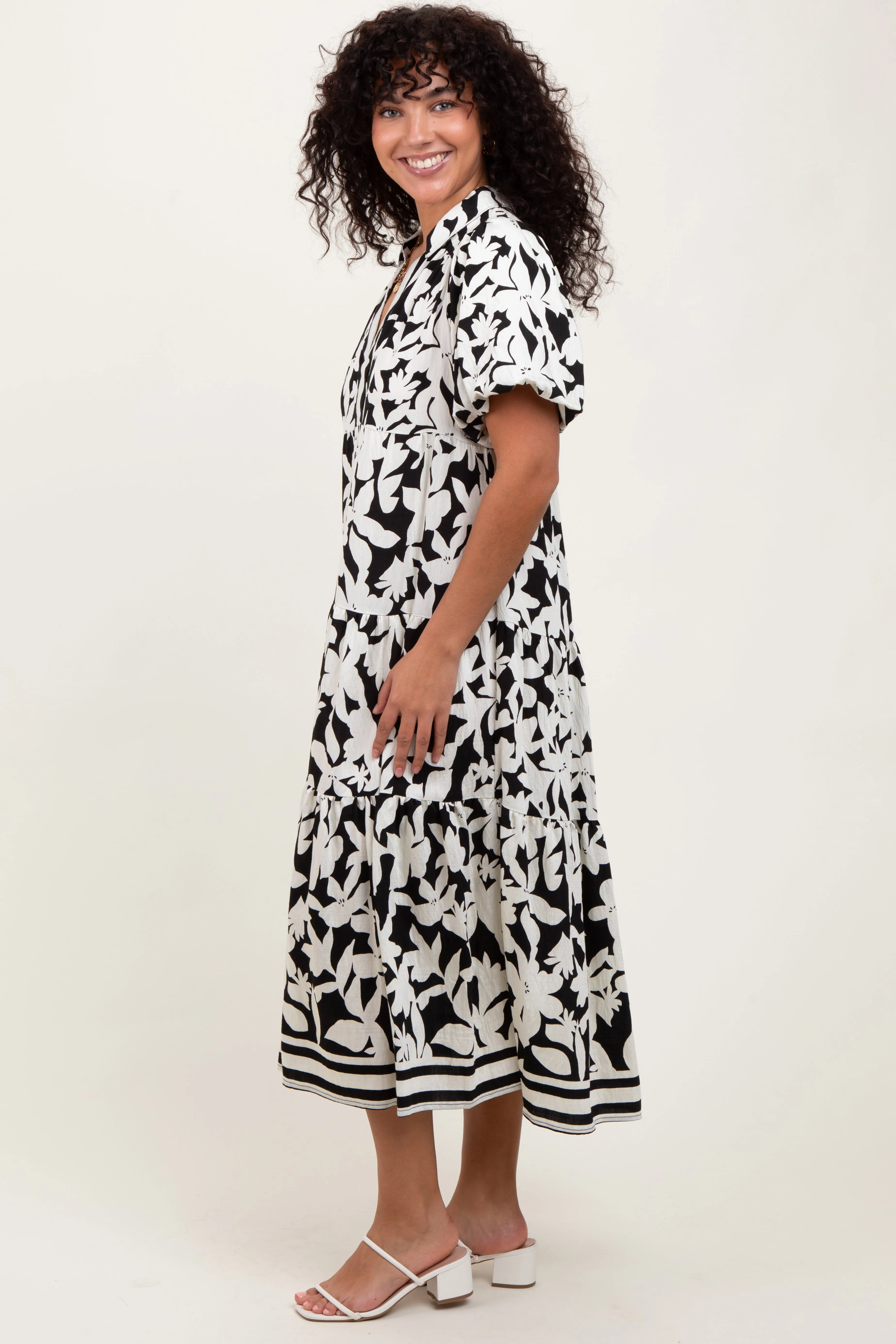 Black Botanical Print A Line Tiered Dress sold by Pinkblush product image thumbnail 3