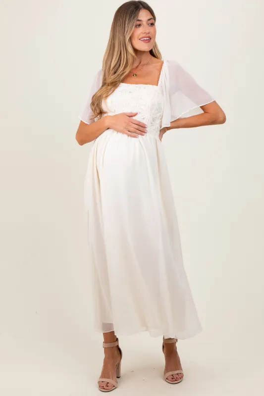 Cream Floral Applique Flutter Sleeved Maternity Midi Dress sold by Pinkblush