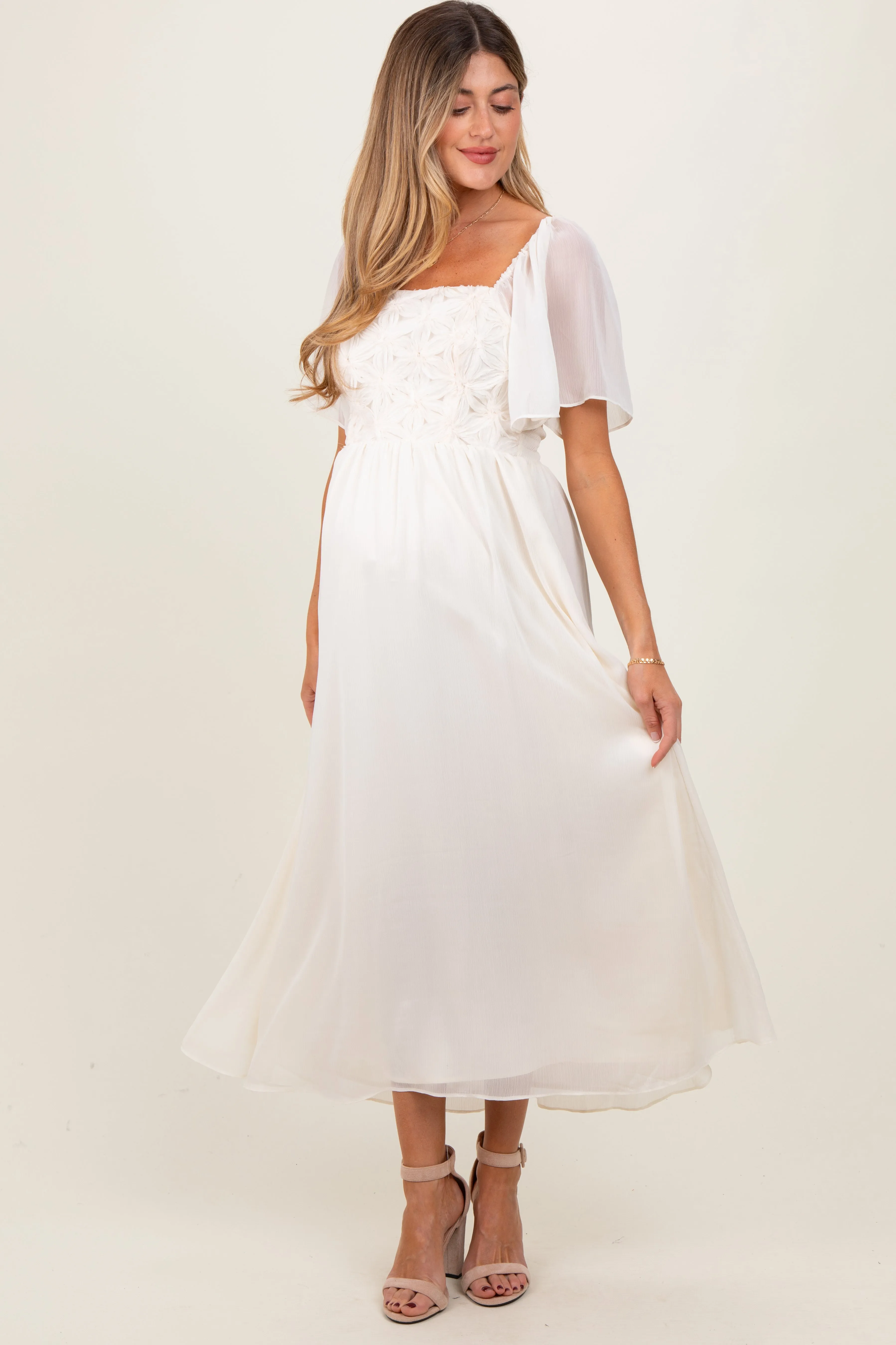 Cream Floral Applique Flutter Sleeved Maternity Midi Dress sold by Pinkblush product image thumbnail 2