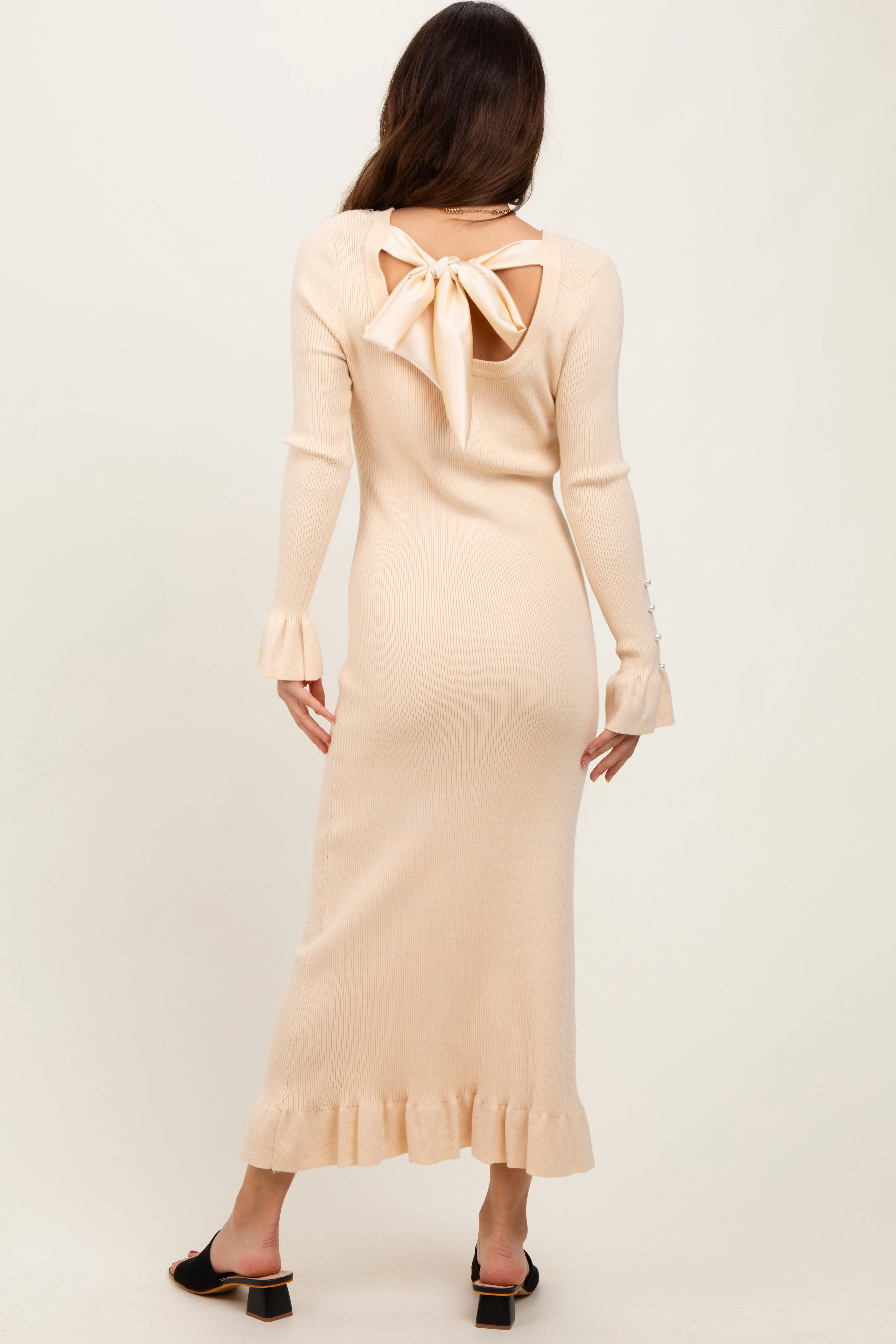 Light Yellow Ribbed Knit Bow Back Maxi Dress sold by Pinkblush product image thumbnail 3