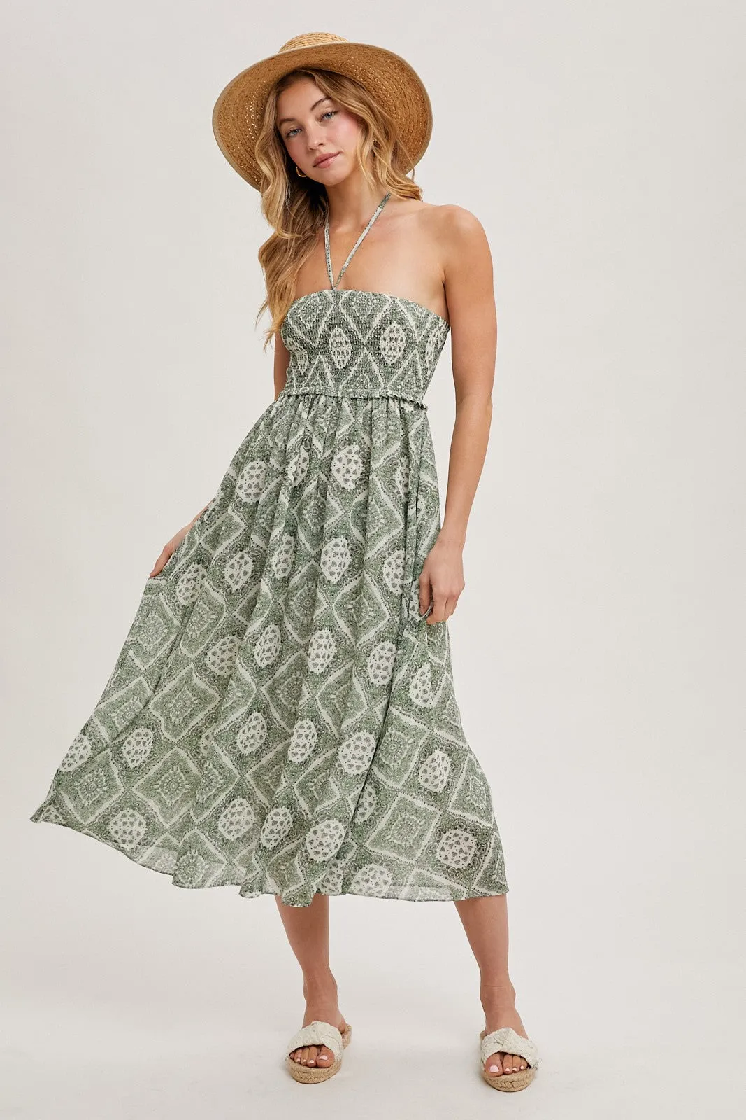 Green Printed Smocked Halter Maternity Midi Dress sold by Pinkblush product image thumbnail 5