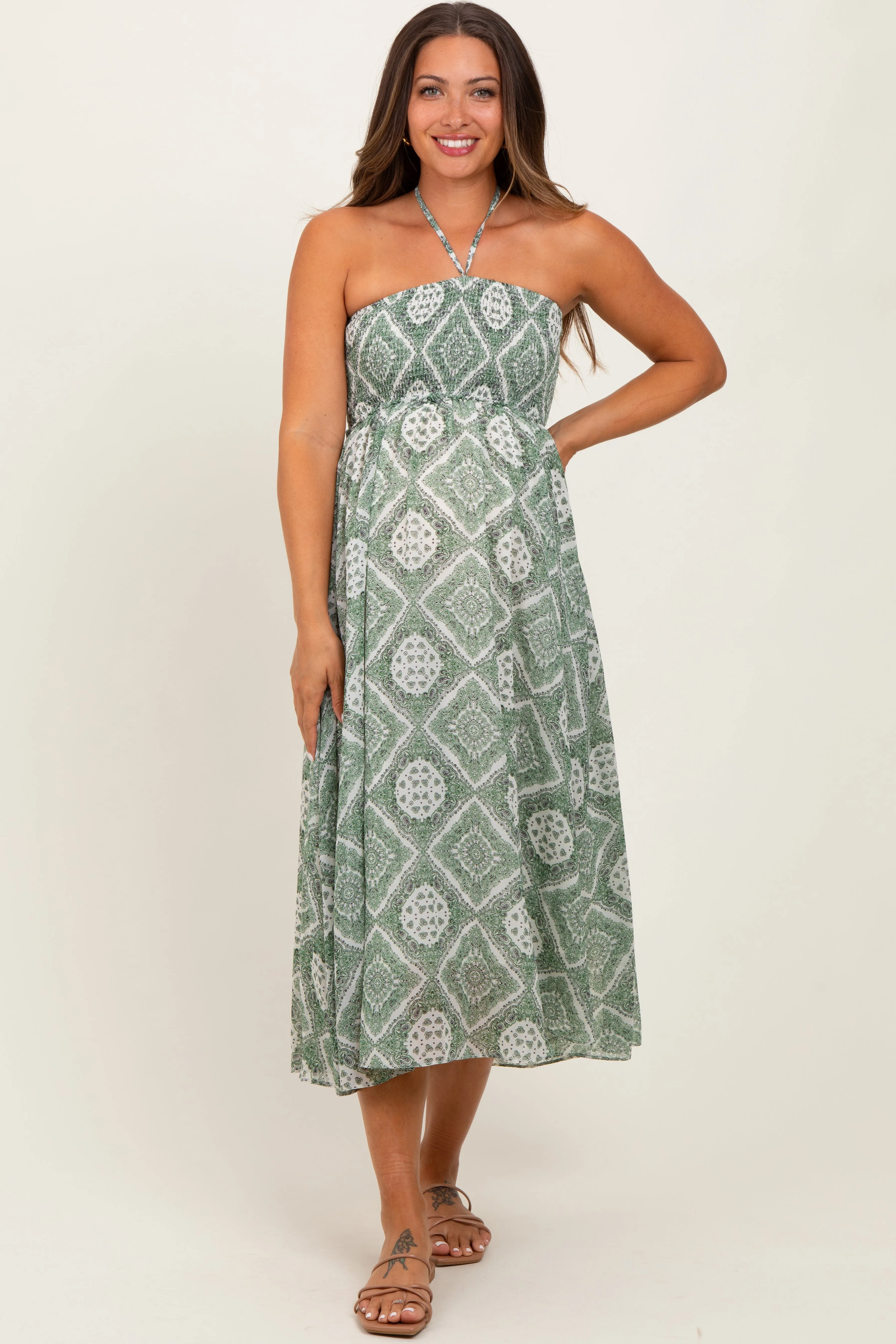 Green Printed Smocked Halter Maternity Midi Dress sold by Pinkblush product image thumbnail 2