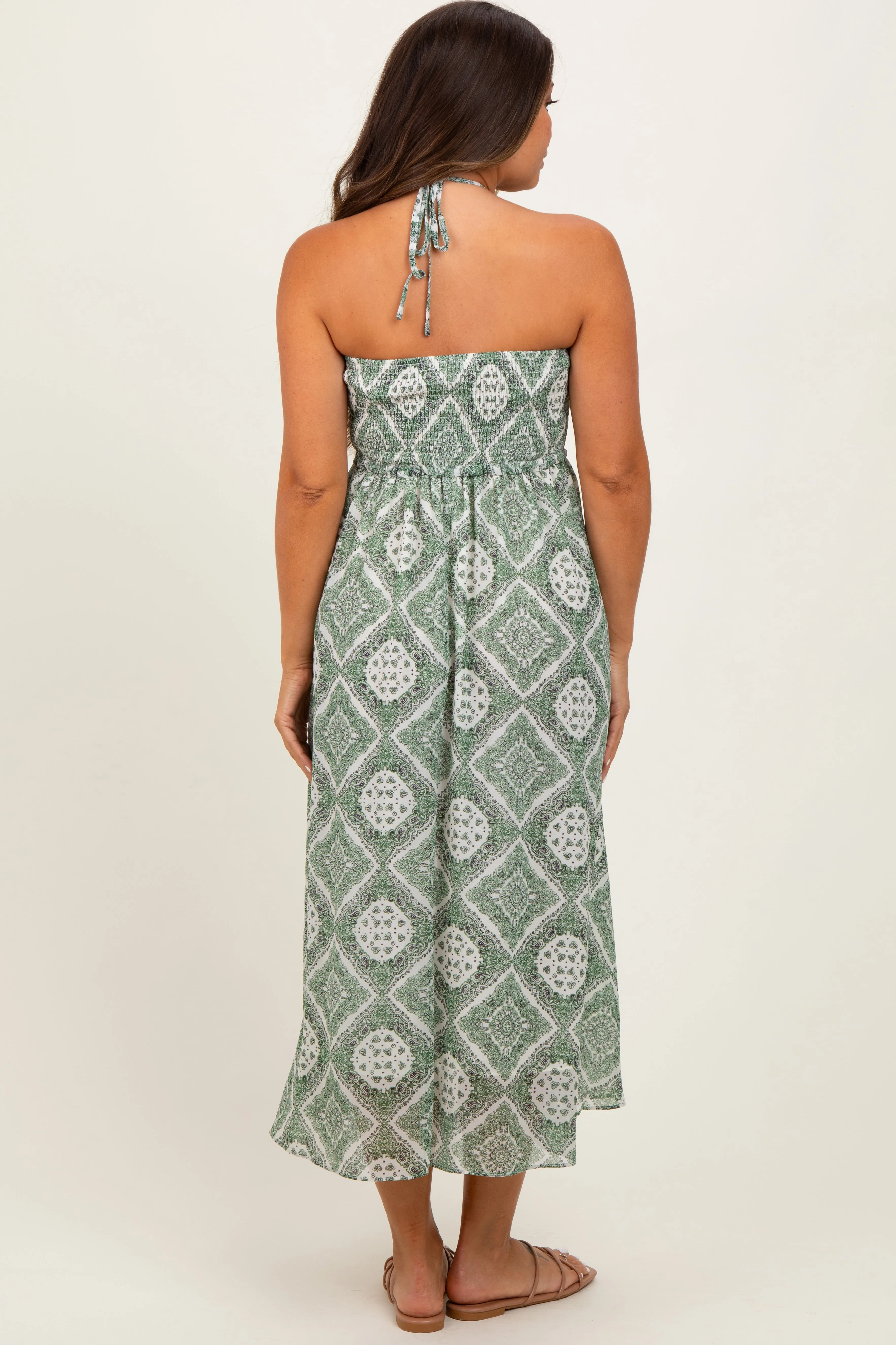 Green Printed Smocked Halter Maternity Midi Dress sold by Pinkblush product image thumbnail 4