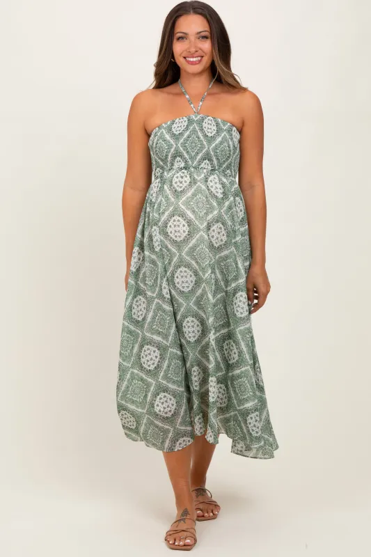 Green Printed Smocked Halter Maternity Midi Dress sold by Pinkblush
