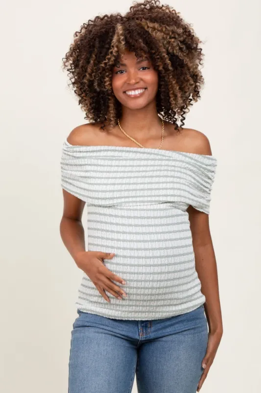 Sage Off The Shoulder Striped Maternity Top sold by Pinkblush