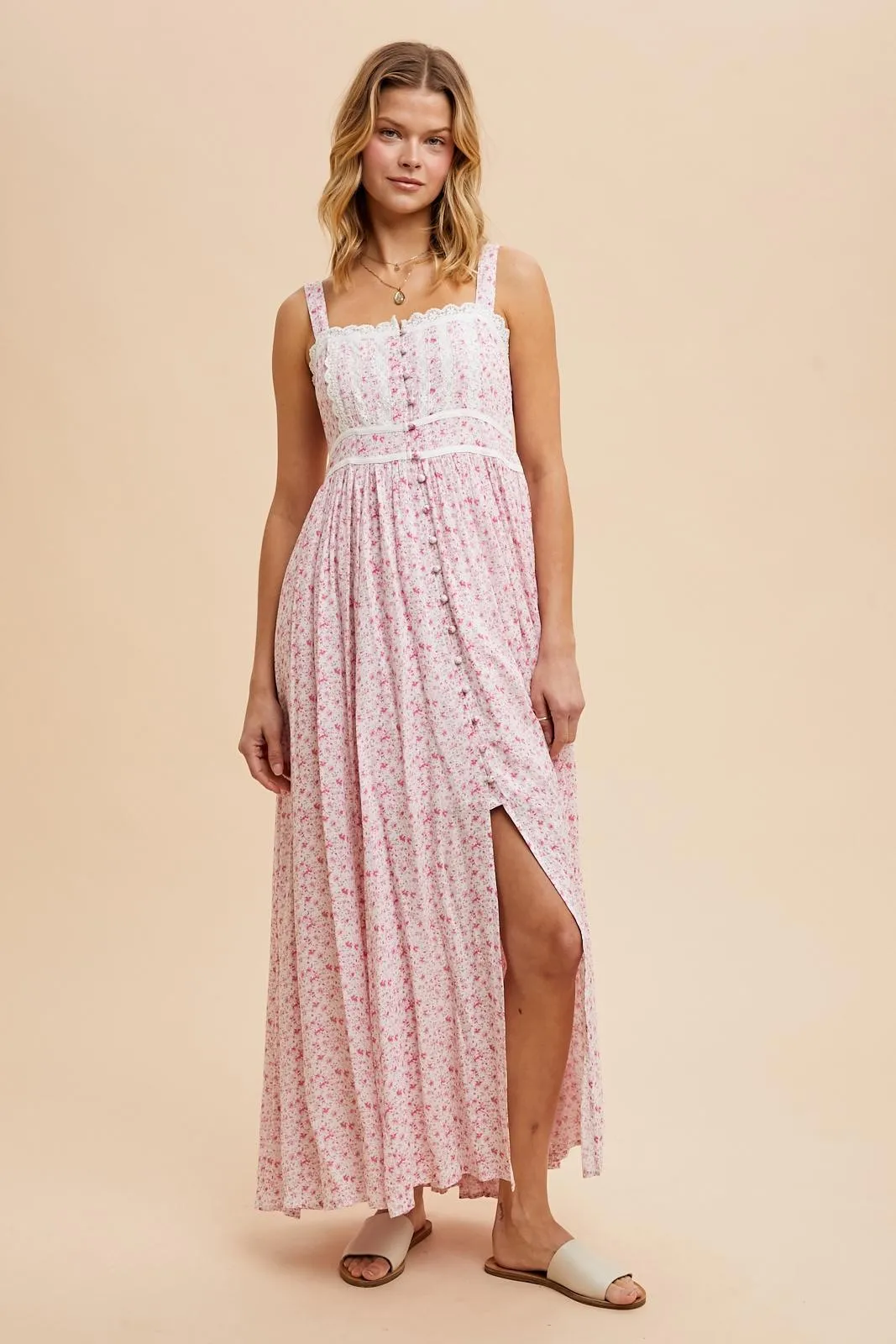 Pink Floral Button Down Sleeveless Maxi Dress sold by Pinkblush