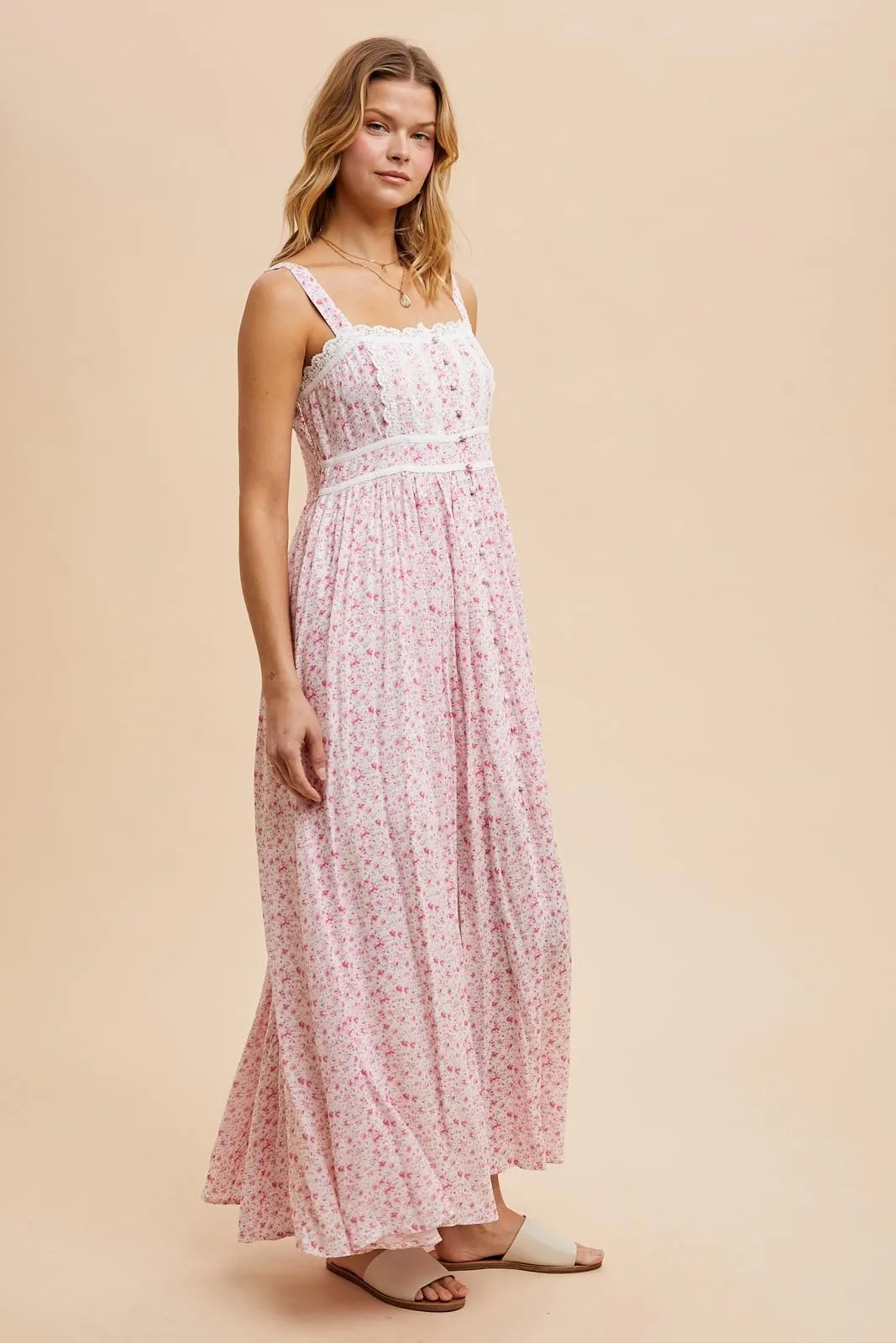 Pink Floral Button Down Sleeveless Maxi Dress sold by Pinkblush product image thumbnail 3