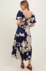 Navy Floral Smocked Front Tie Cutout Maxi Dress sold by Pinkblush