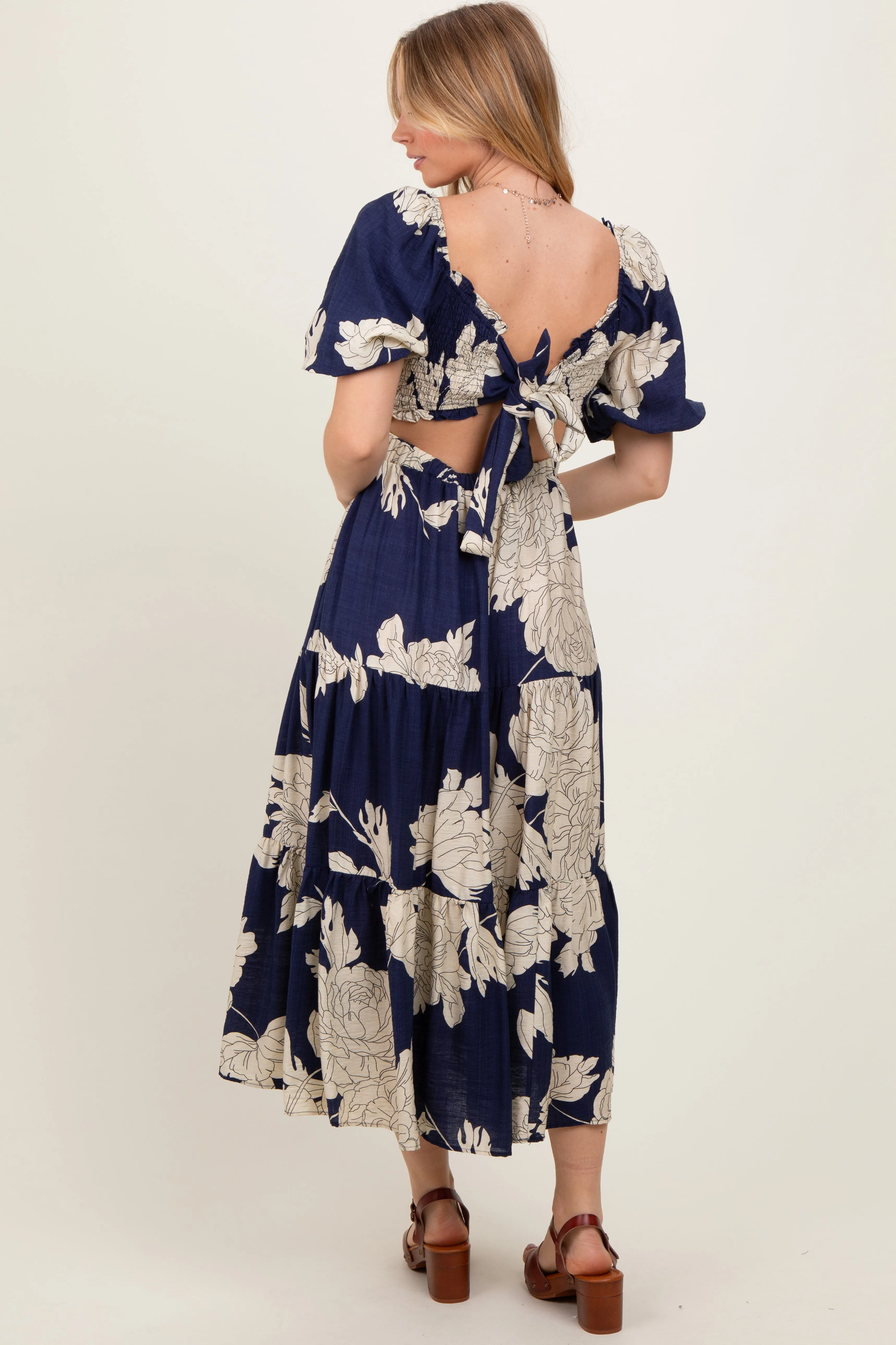 Navy Floral Smocked Front Tie Cutout Maxi Dress sold by Pinkblush product image thumbnail 4