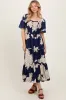 Navy Floral Smocked Front Tie Cutout Maxi Dress sold by Pinkblush