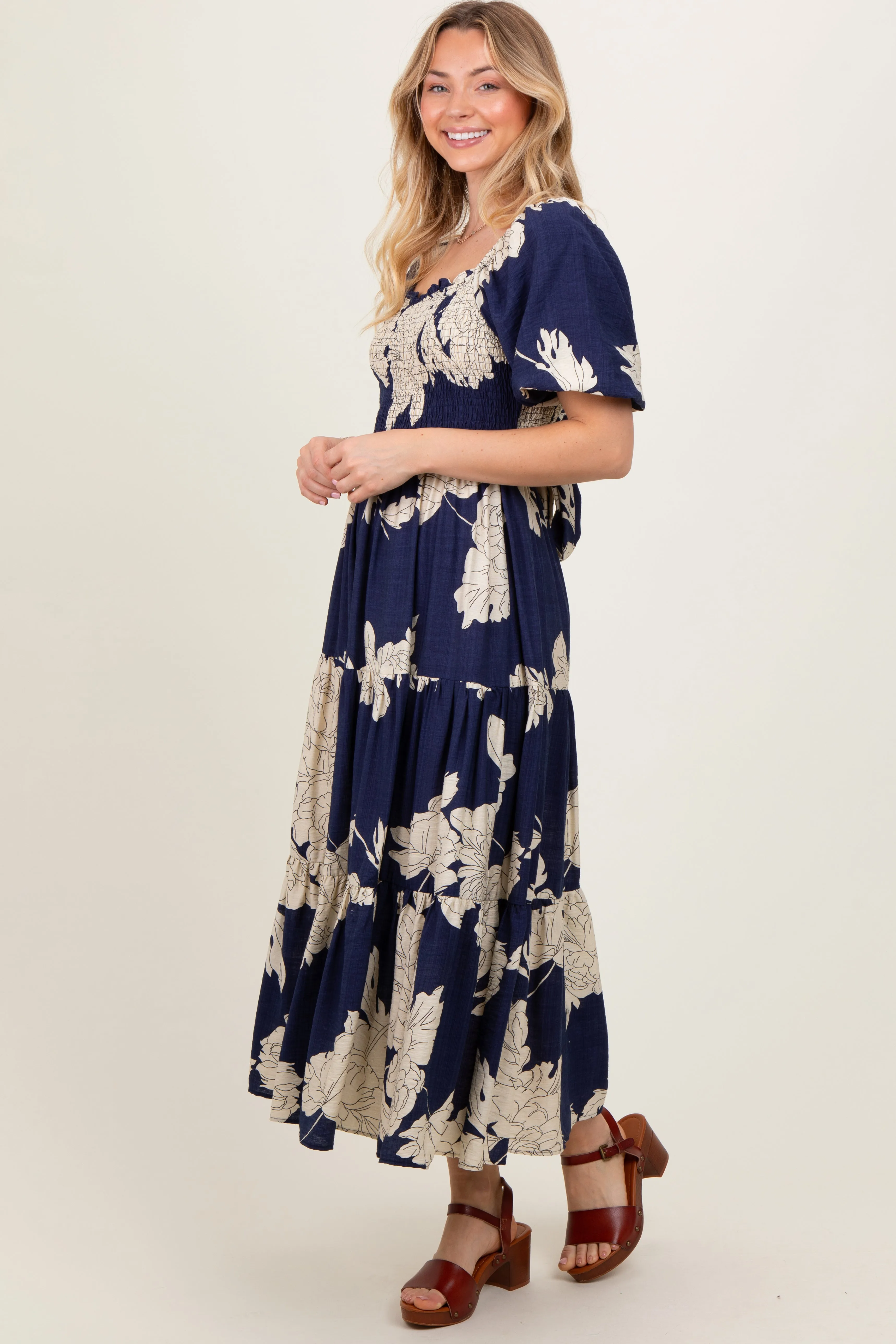Navy Floral Smocked Front Tie Cutout Maxi Dress sold by Pinkblush product image thumbnail 3