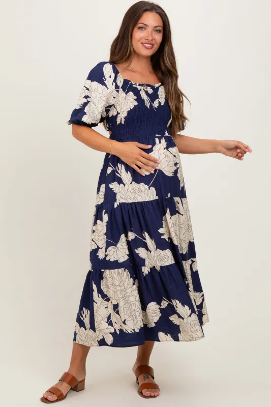 Navy Floral Smocked Front Tie Cutout Maternity Maxi Dress sold by Pinkblush