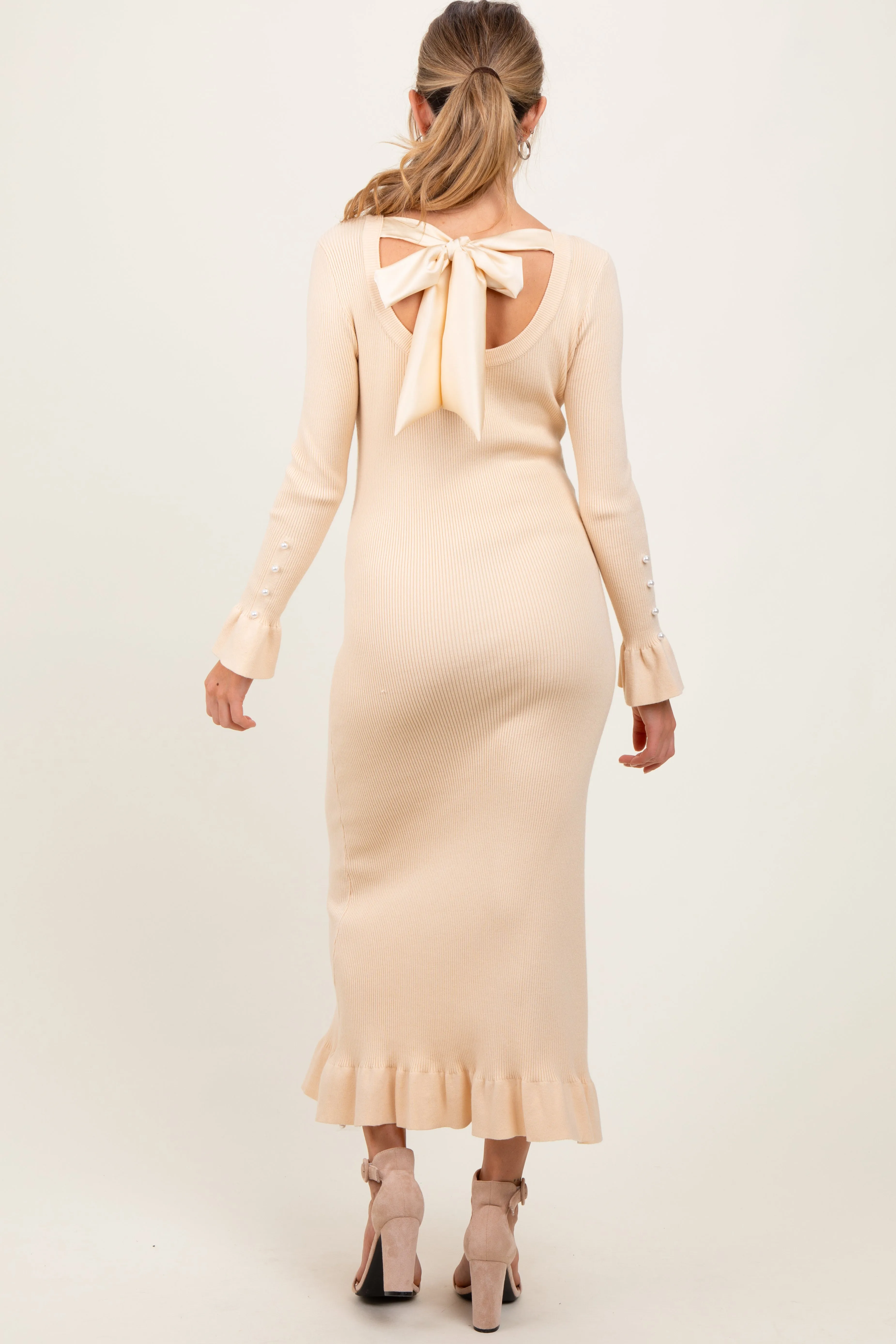 Light Yellow Ribbed Knit Bow Back Maternity Maxi Dress sold by Pinkblush product image thumbnail 3