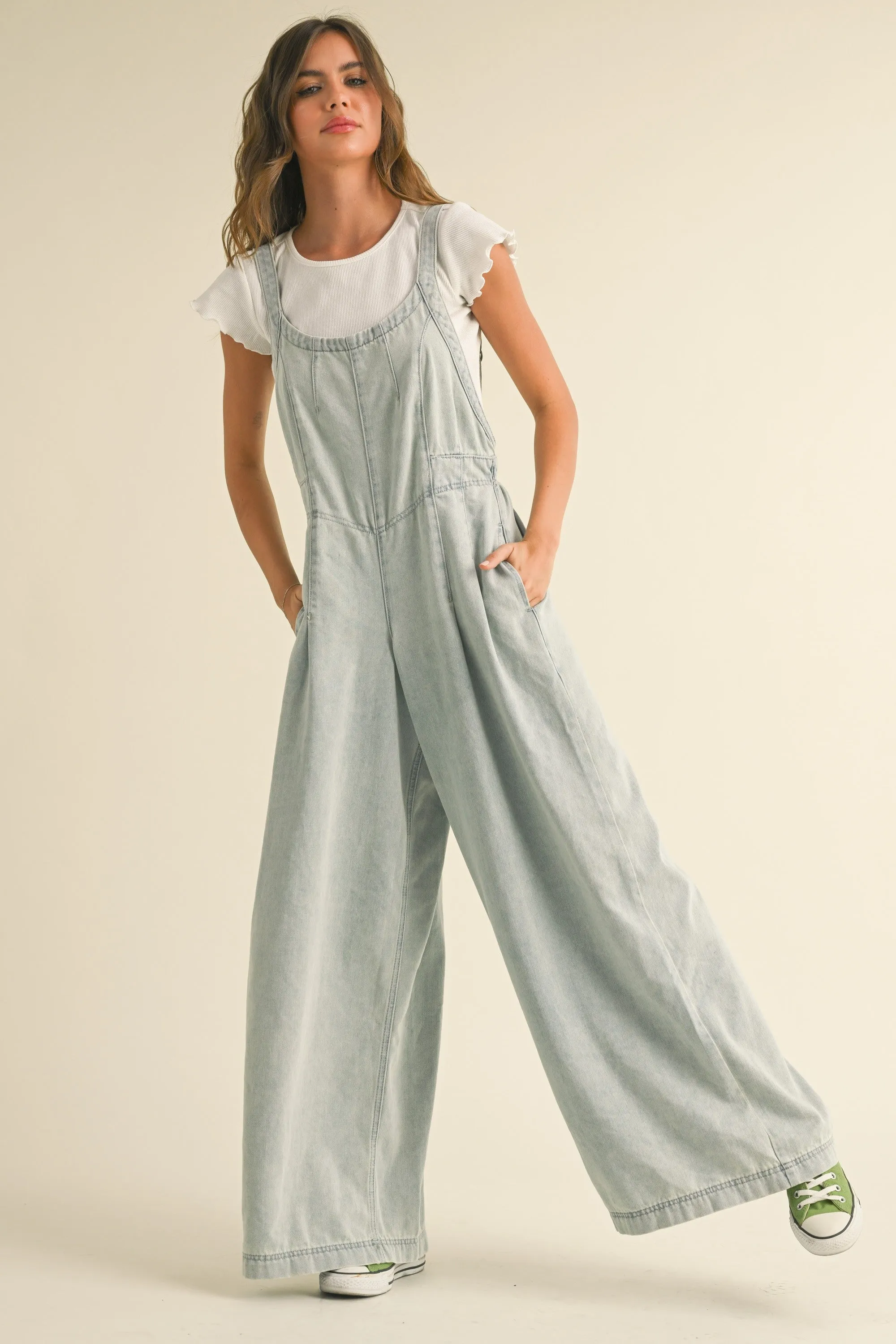 Light Blue Wide Leg Denim Jumpsuit sold by Pinkblush