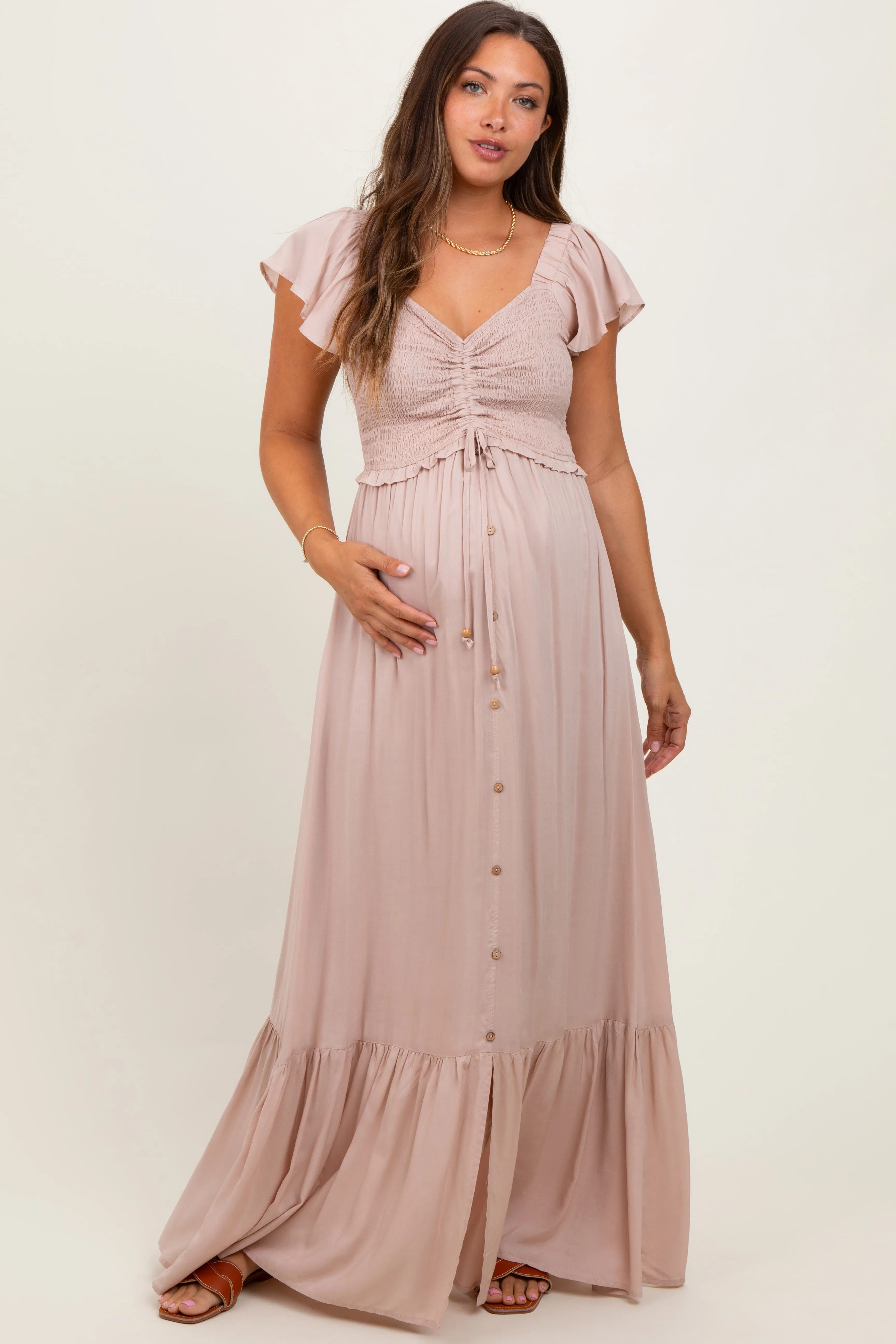 Taupe Smocked Top Woven Maternity Maxi Dress sold by Pinkblush