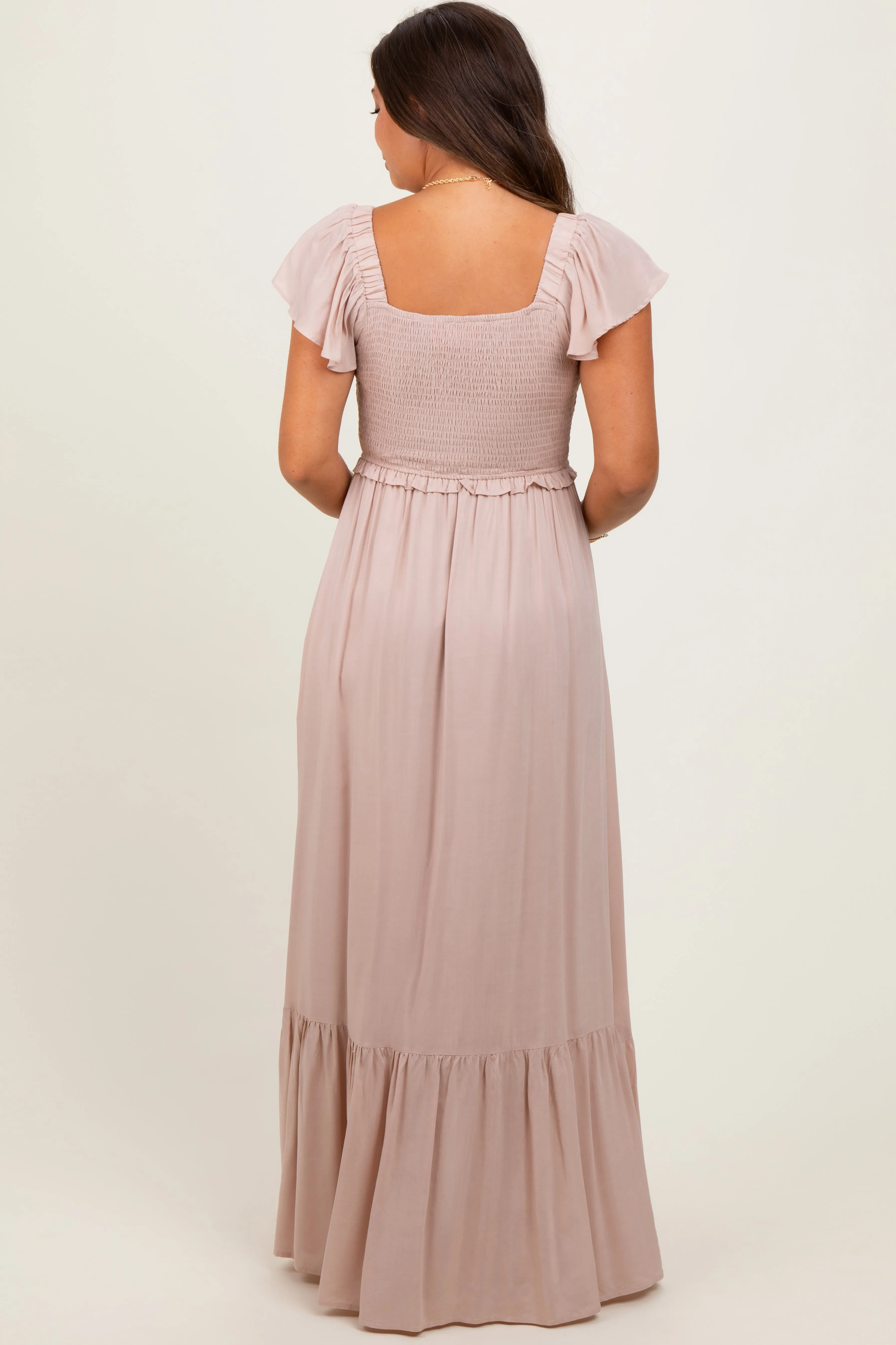 Taupe Smocked Top Woven Maternity Maxi Dress sold by Pinkblush product image thumbnail 3