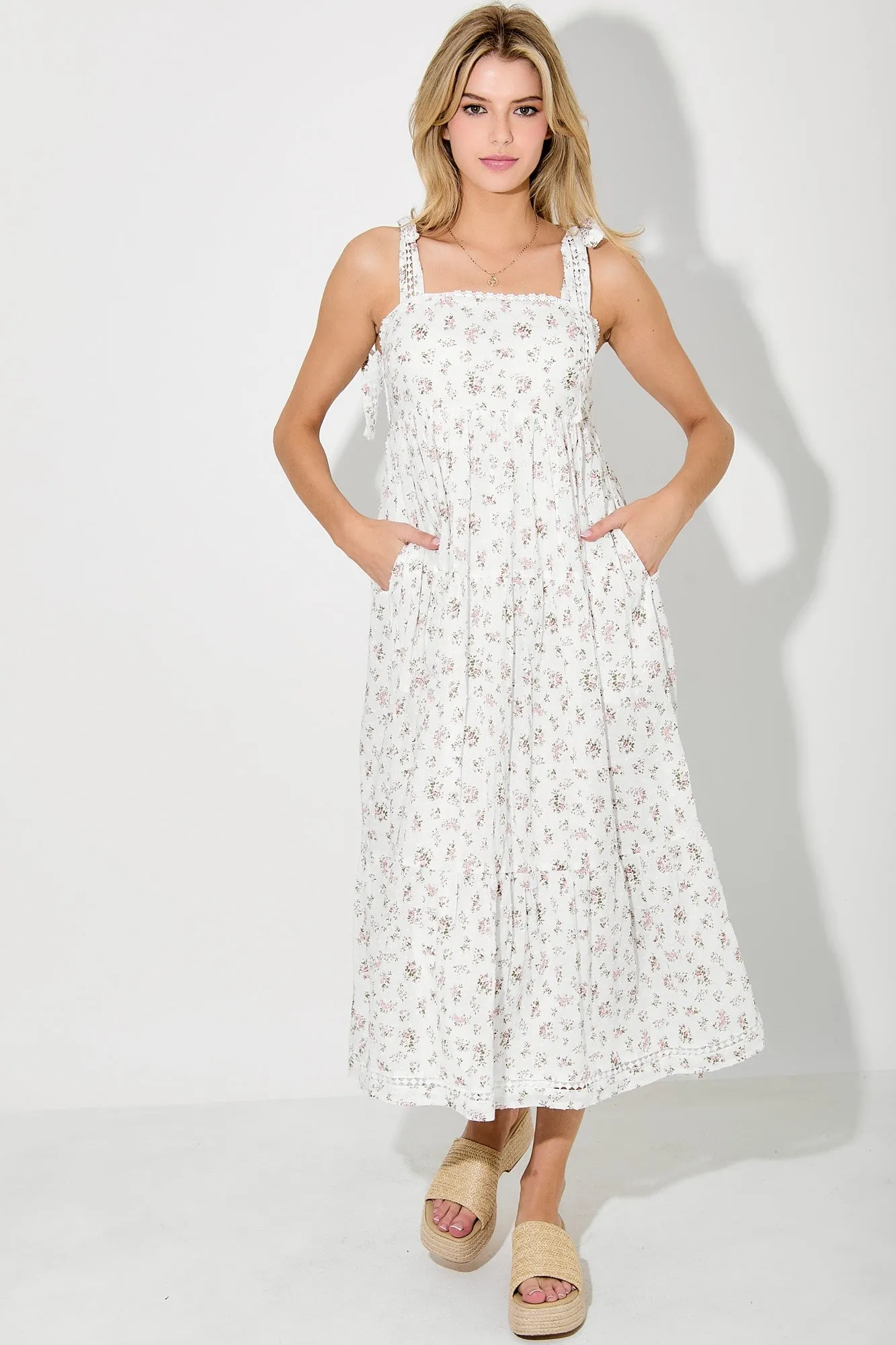 Light Pink Floral Shoulder Tie Maternity Midi Dress sold by Pinkblush product image thumbnail 5